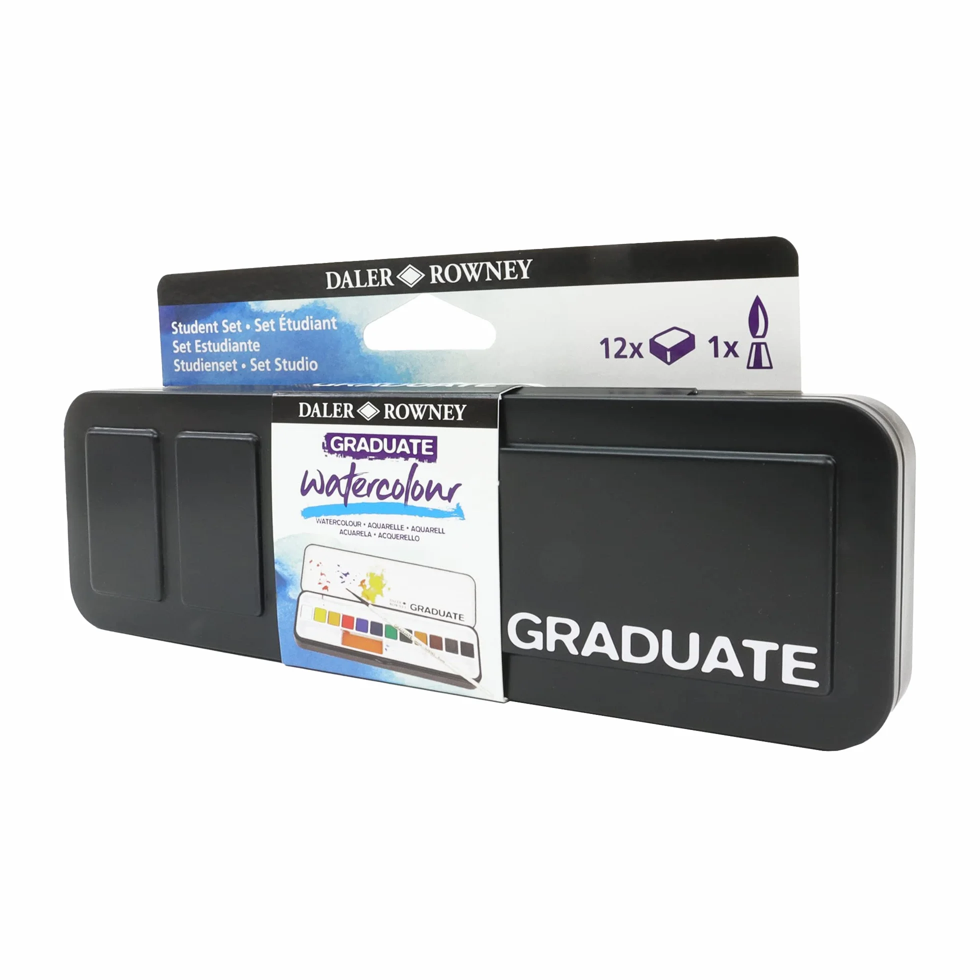 Daler-Rowney Graduate Acuarelas Profesionales, Set de Acuarelas 12 Colores con Pincel, Kit Acuarela Portátil en Caja Metálica, Estuche para Estudiantes, Artistas y Manualidades
