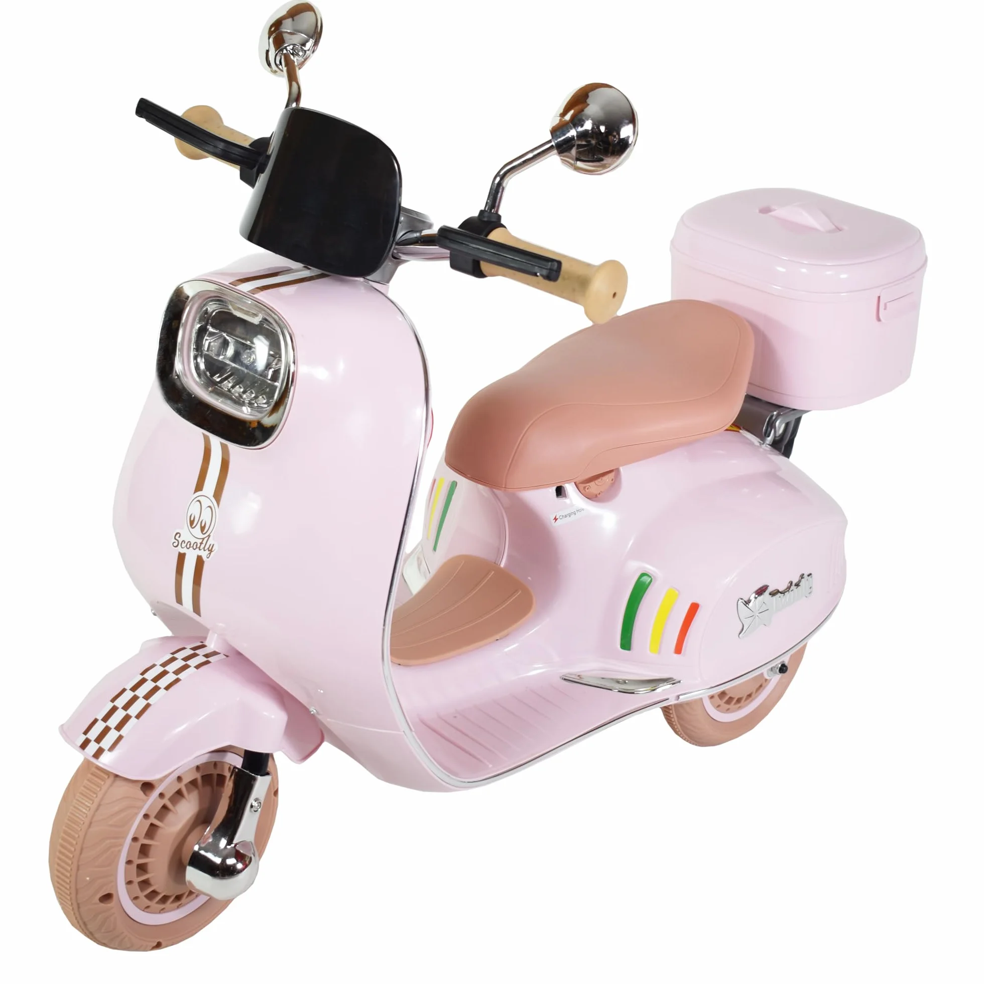Twinly - Moto Eléctrica para niños SCOOTLY - Motocicleta Infantil con Mando a Distancia- Cargador y batería 6V hasta 40min – Acelerador de Pedal - Maletero, USB, luz y MP3 Bluetooth (Rosa)