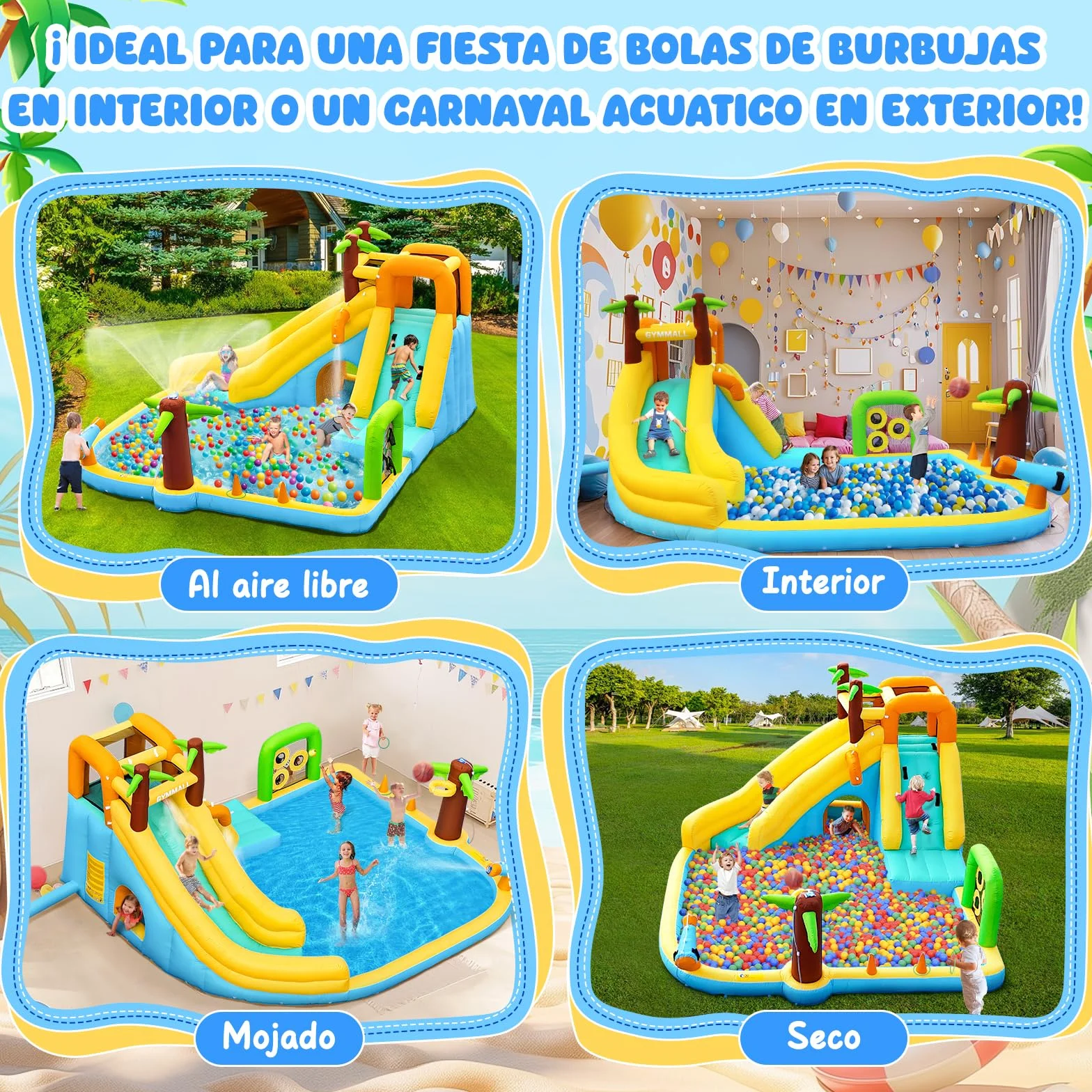 Tobogán Inflable de Agua con Ventilador 450W - Castillo Hinchable 10-en-1 para Niños en Interior y Exterior con Piscina, Aspersores y Tobogán Largo
