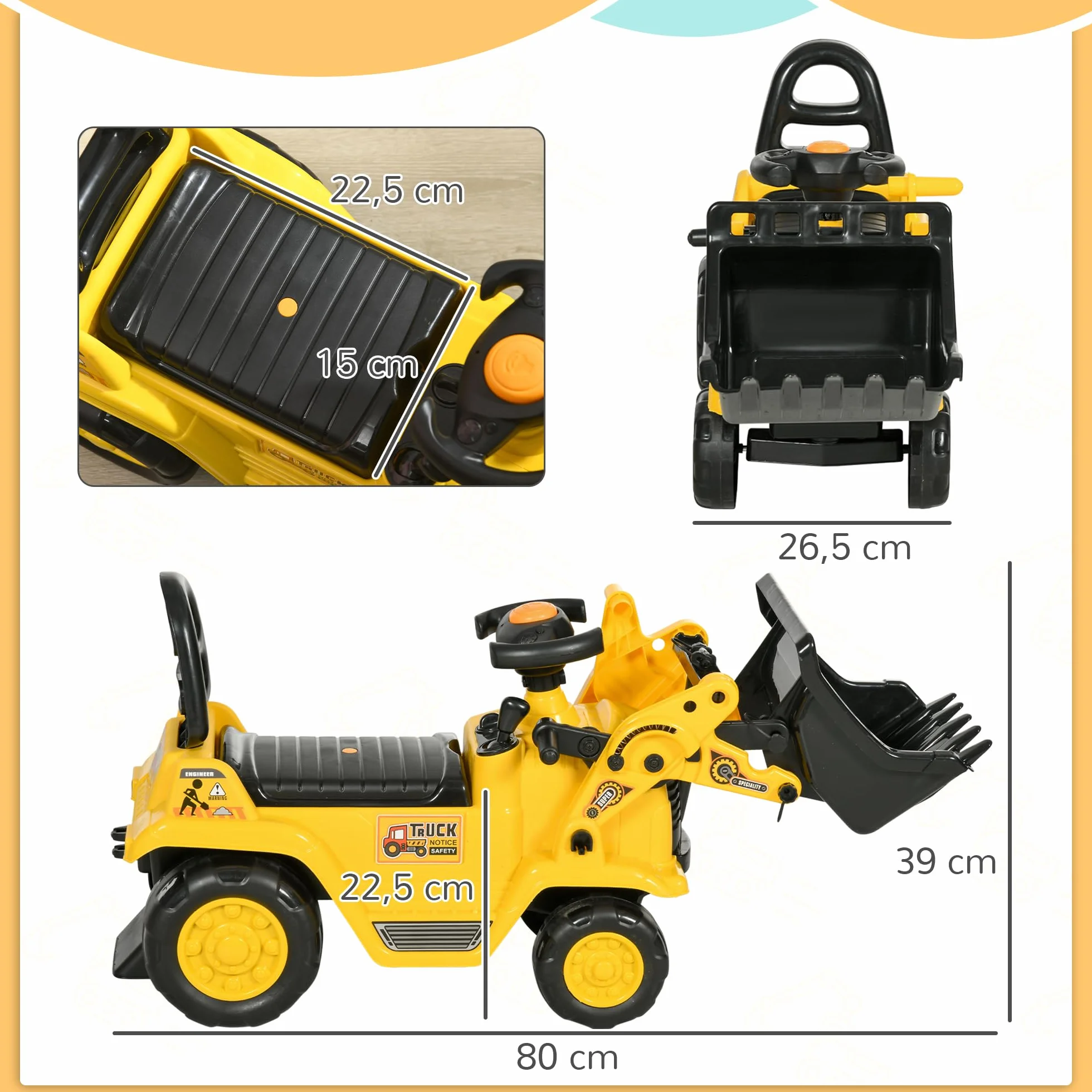 HOMCOM Tractor a Pedales para Niños de 18 a 48 Meses, Excavadora para Niños con Pala Delantera, Bocina, Volante y Compartimento Oculto bajo el Asiento, Carga 30 kg, 80x26,5x39 cm, Amarillo