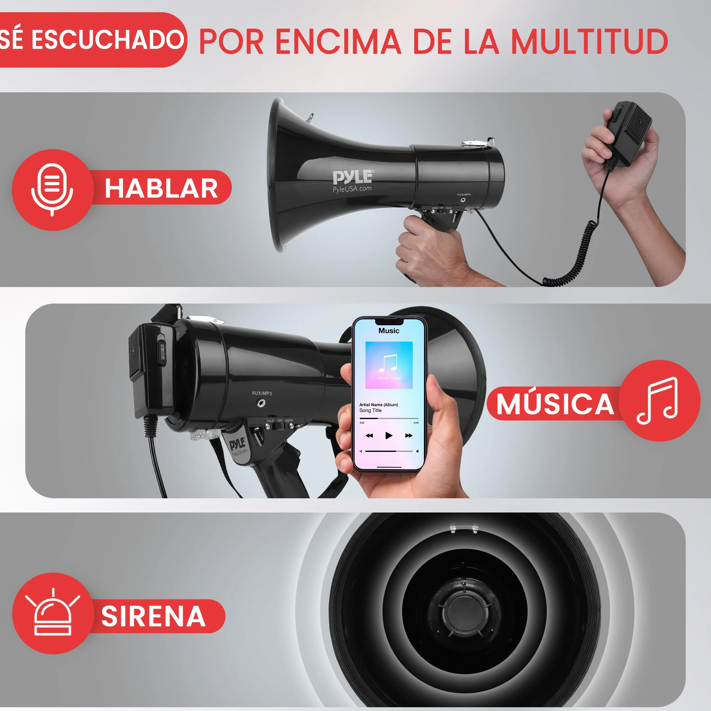 Pyle Megafono Portatil 50V Sirena Control de Volumen