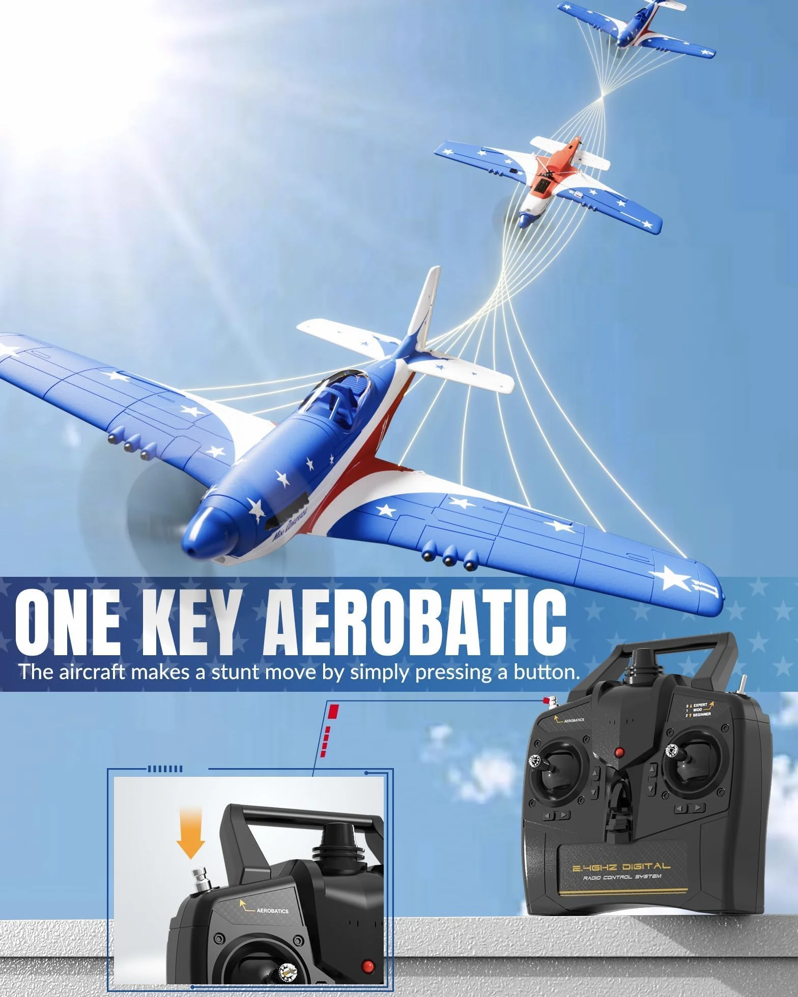 VOLANTEXRC Avión a control remoto de 4 canales P51d Mustang con giroscopios, Aileron, acrobacias aéreas, 3 modos de vuelo para adultos, niños y principiantes