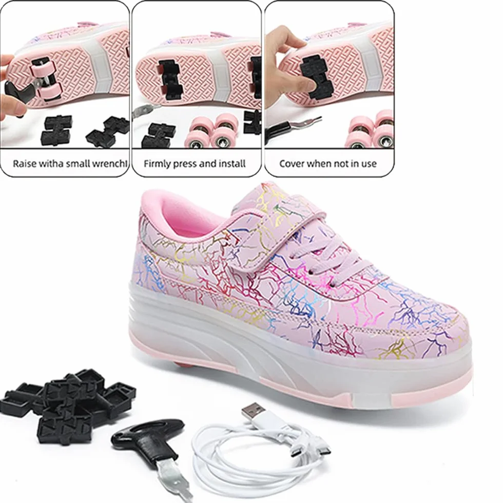 Mateju Patines Brillantes con 4 Ruedas Retirable Zapatos con Ruedas para Niños y Niñas 2 en 1