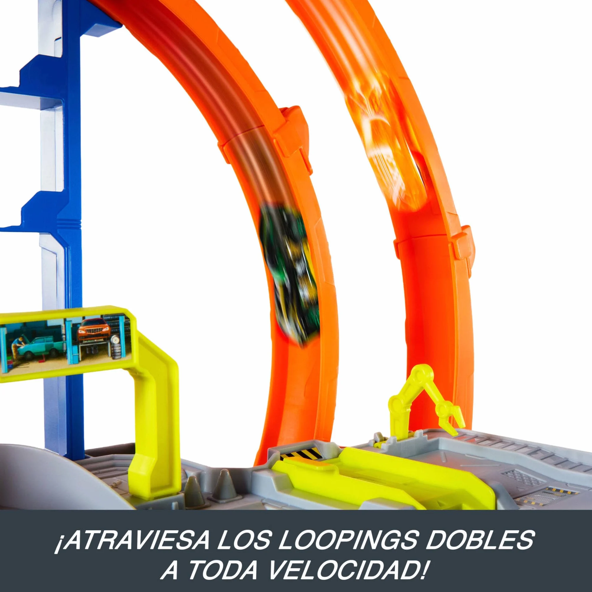 Hot Wheels Conjunto de Pista con helicóptero y Coche metálico, Tres Niveles de Juego, Dos loopings, Almacenamiento para 37 Coches a Escala 1:64 y adaptadores Speed Snap, JLC05
