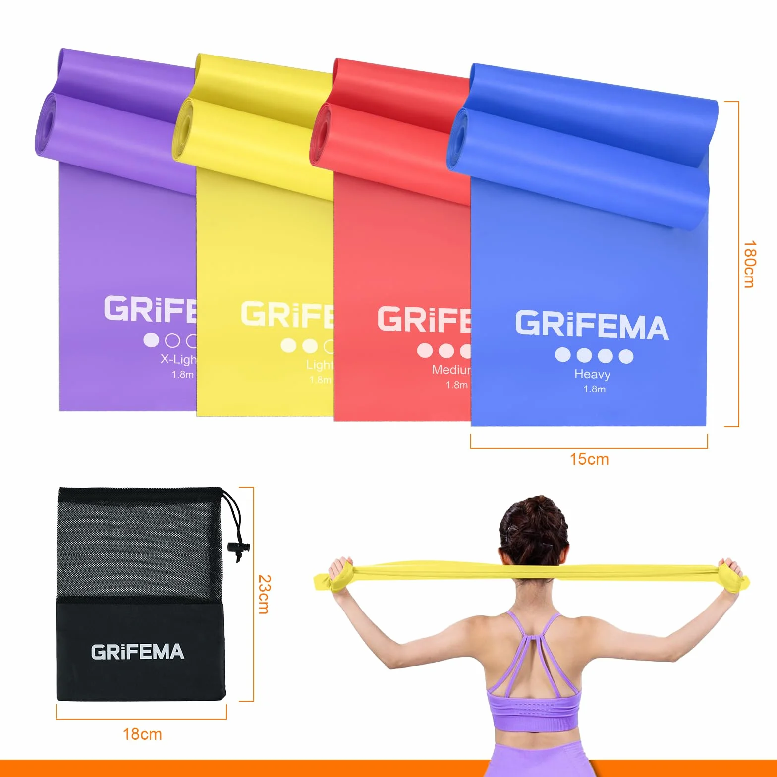GRIFEMA GA5002 Bandas Elasticas Fitness Set de 4 1.8M Cintas Elasticas 4 Niveles de Resistencia para Entrenamiento de Fuerza