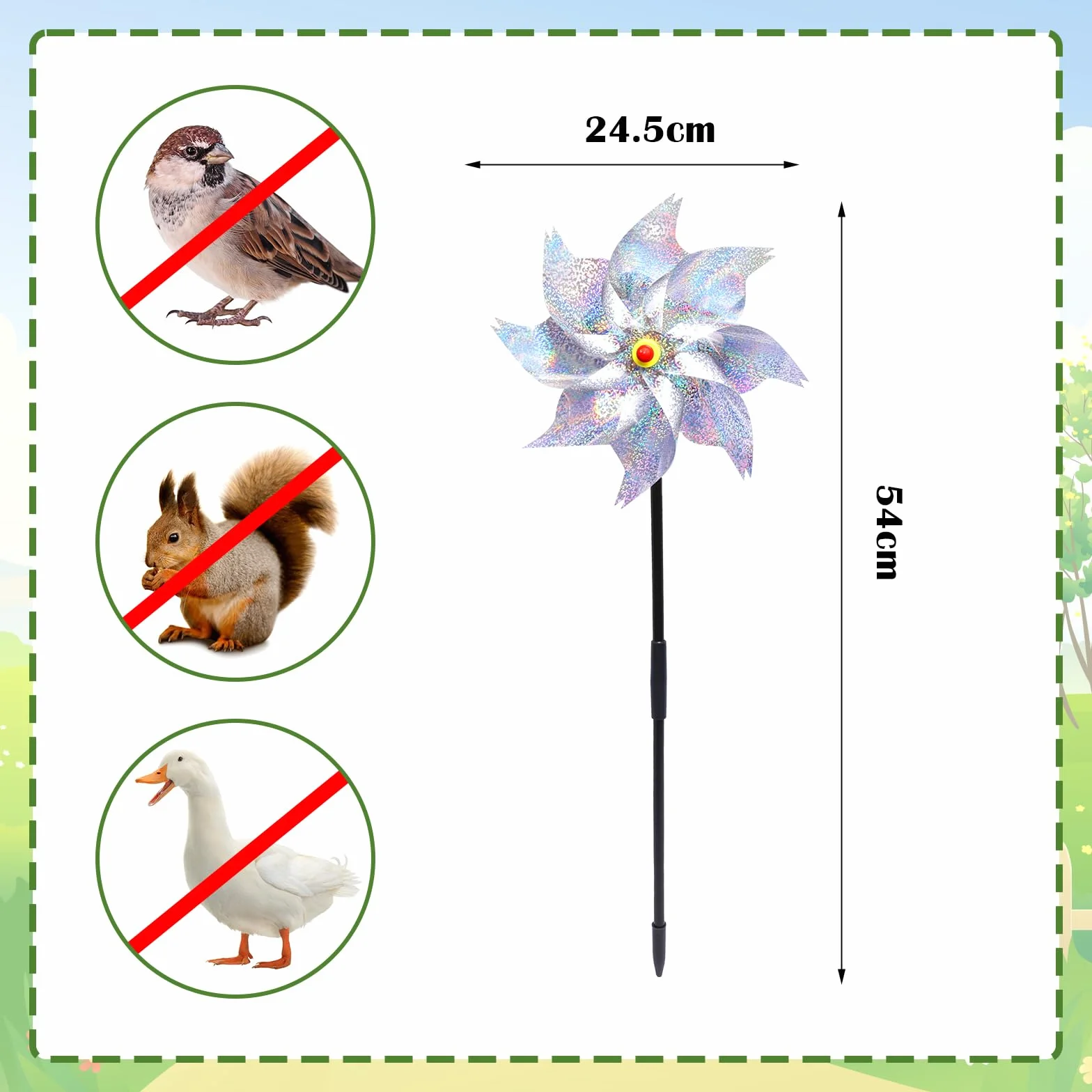 Molinillo de viento para jardín, repelente para pájaros, molino de viento plateado, molino de viento reflectante, molino de viento reflectante plateado PVC, 54,5 x 24,5 cm, para proteger