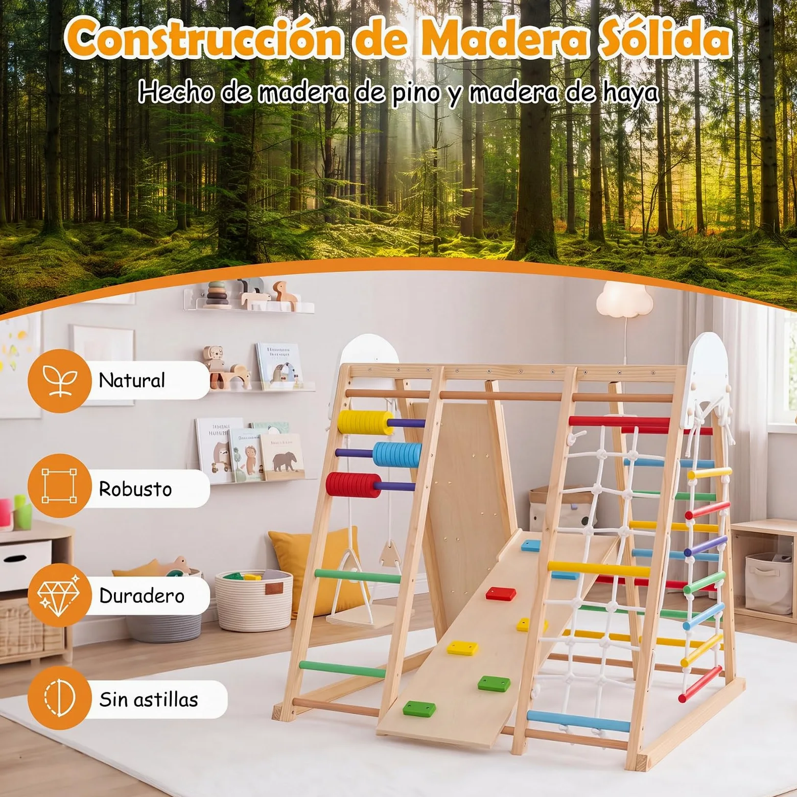 COSTWAY 8 en 1 Estructura de Escalada para Niños,Madera Maciza (Multicolor) | Juego de Escalada Montessori con Pared de Escalada, Barras de Mono y Columpio para Habitación Infantil Sala de Juego