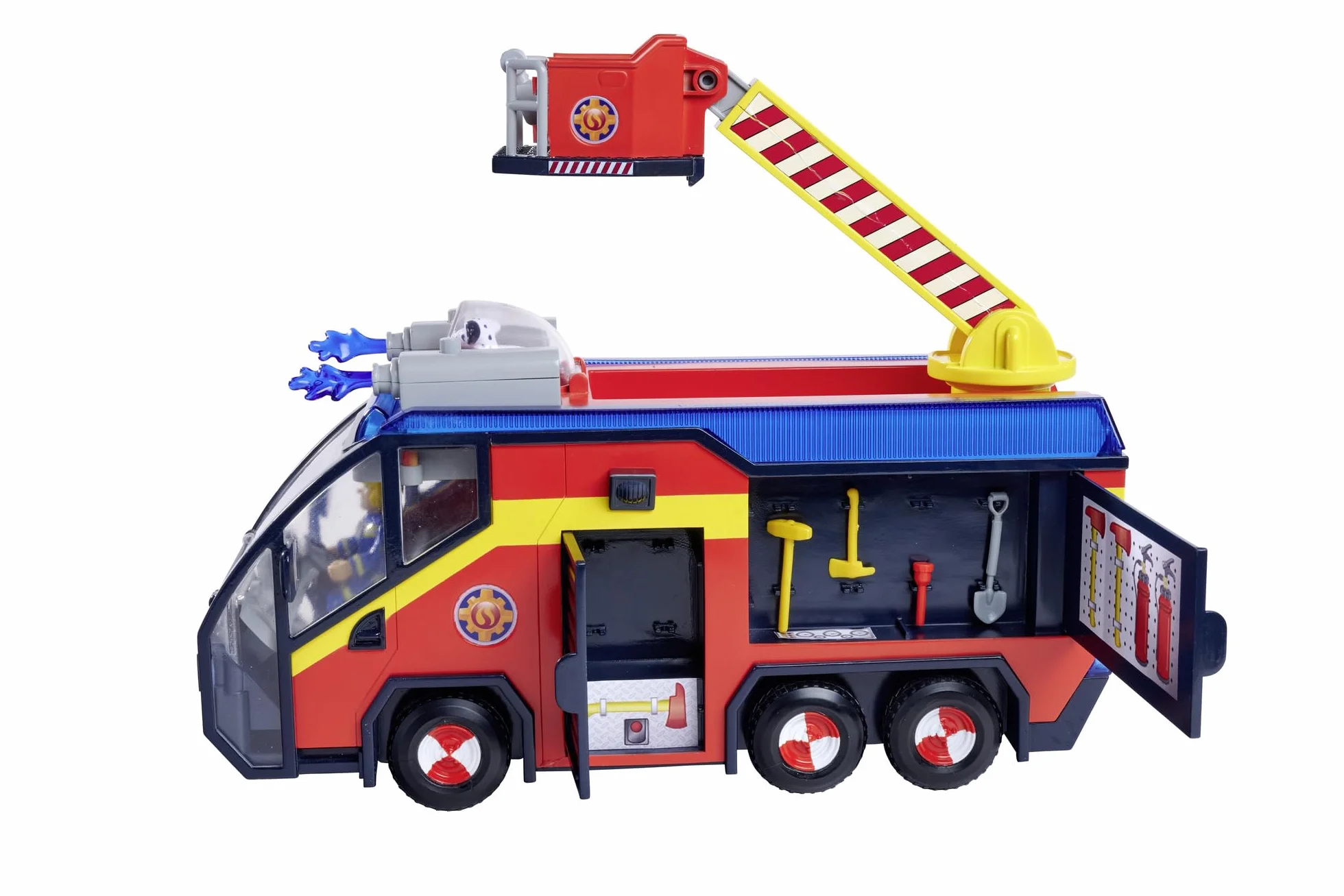 Simba 109252595 Figura de Júpiter Bombero, camión de Bomberos, Sam y Radar, Efectos de luz, Sirena, Escalera giratoria, Flechas de Agua, Plataforma para Quad, 32 cm, Accesorios, a Partir de 3 años