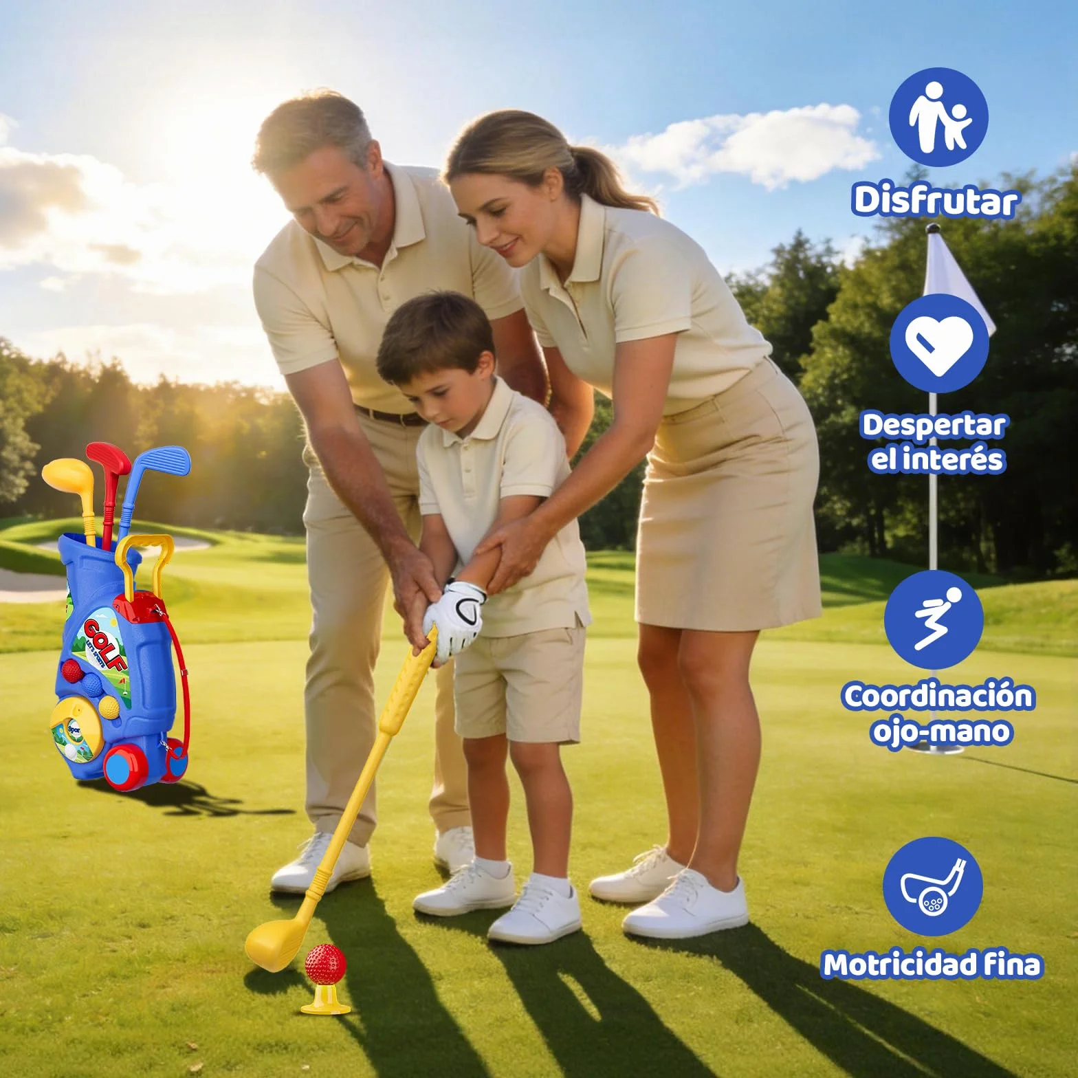 Naxudcoo Juguetes Niños 2 3 4 Año: Juego de Golf con Carrito Mejorado y Correa para Hombrero, Juguete Educativo para Interior y Exterior, Regalo Ideal para Cumpleaños, Navidad (Azul)