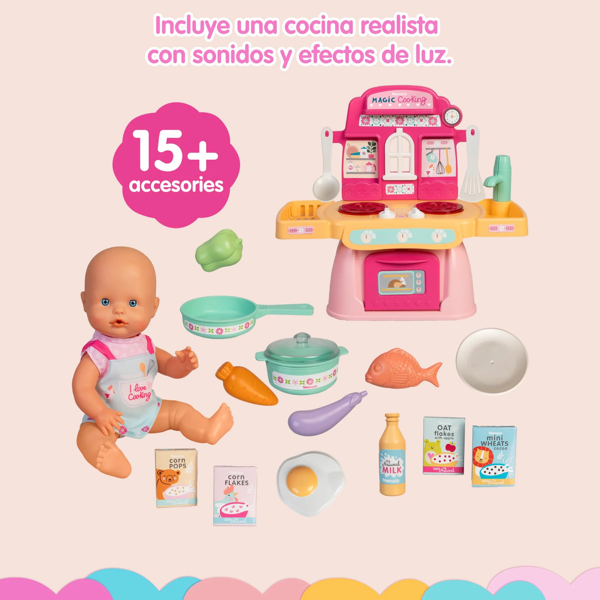 Nenuco - Cocinita Mágica, Muñeco de 30 cm con Cuerpo Duro, Incluye +10 Accesorios para Cocinar y Emplatar, Cocinita con Luces y Sonidos de Hervir y Freír, Delantal Personalizado, Famosa (NFNE3000)