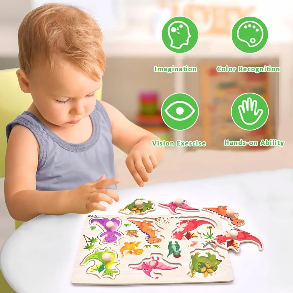 Dinosaurios Puzzle de Madera, Dinosaurios Rompecabezas de Madera Juegos, Puzzle Madera Infantil, Motricidad Fina y Concentración, Juguetes Bebes Educativos Regalos para Niños Niñas