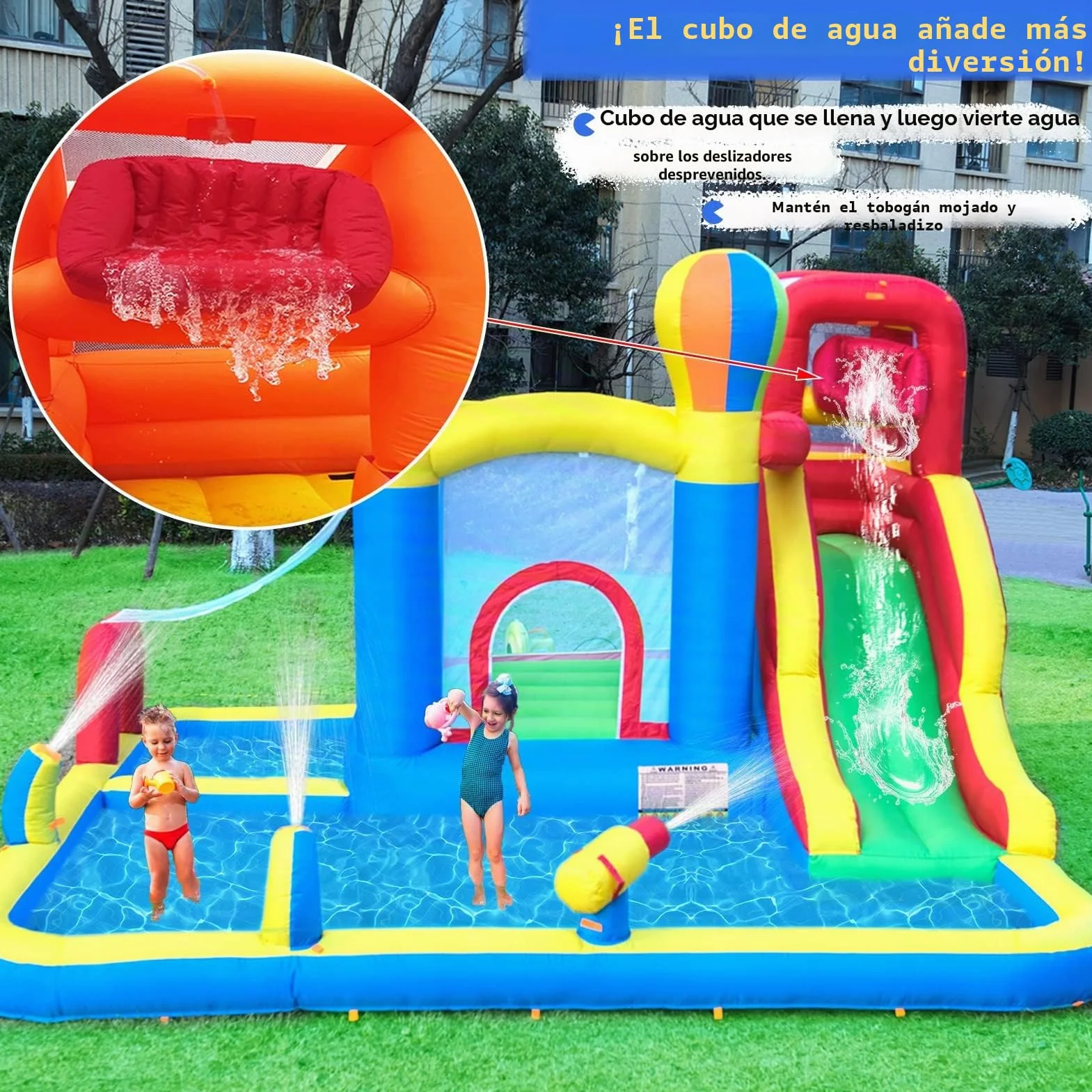 Baralir Castillo Hinchable para Interiores, tobogán seco y Agua, Adecuado para niños de 3 a 8 años, Castillo Hinchable para Exteriores con Ventilador, 343 x 338 x 202 cm