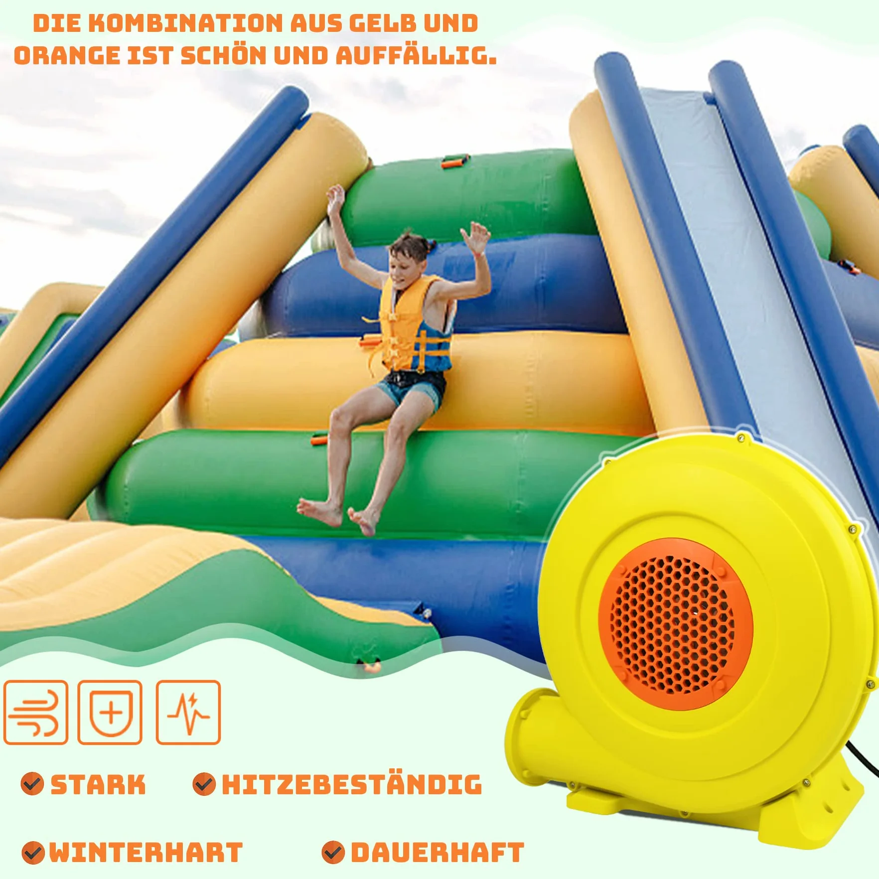 Froadp 750W Ventilador de Aire para Castillo Hinchable 220-240V Bomba Inflable Eléctrica con Mango y Pica de Tierra Ventilador Centrífugo Hinchable Soplador para Juegos Inflables (Amarillo+Naranja)
