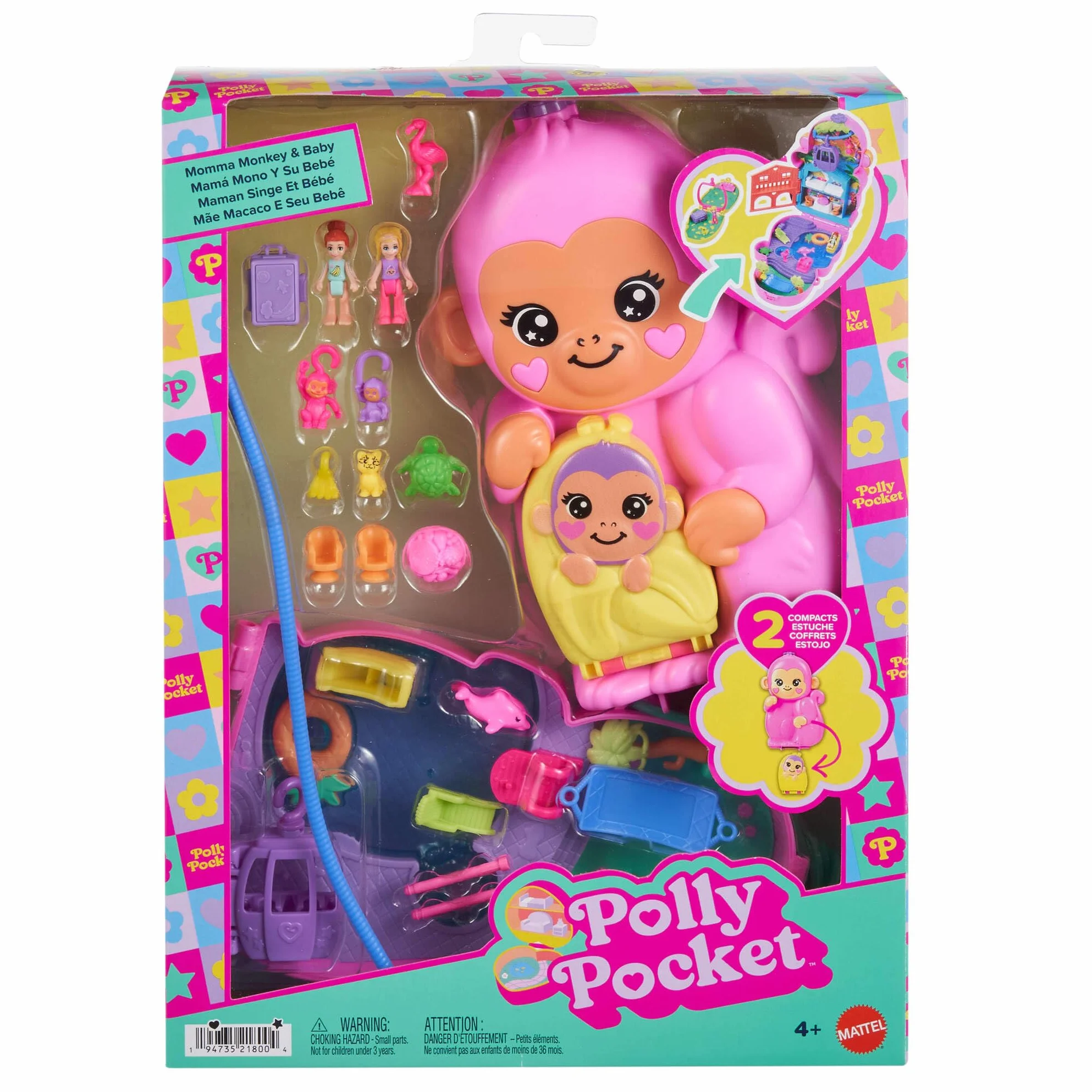 Polly Pocket Adventures in Rio Mamá mono y su bebé, Cofre-bolso 2 en 1, 2 sets de juego que incluyen 2 mini muñecas, animales y teleférico, juguete regalo para niños y niñas +4 años, HWP04