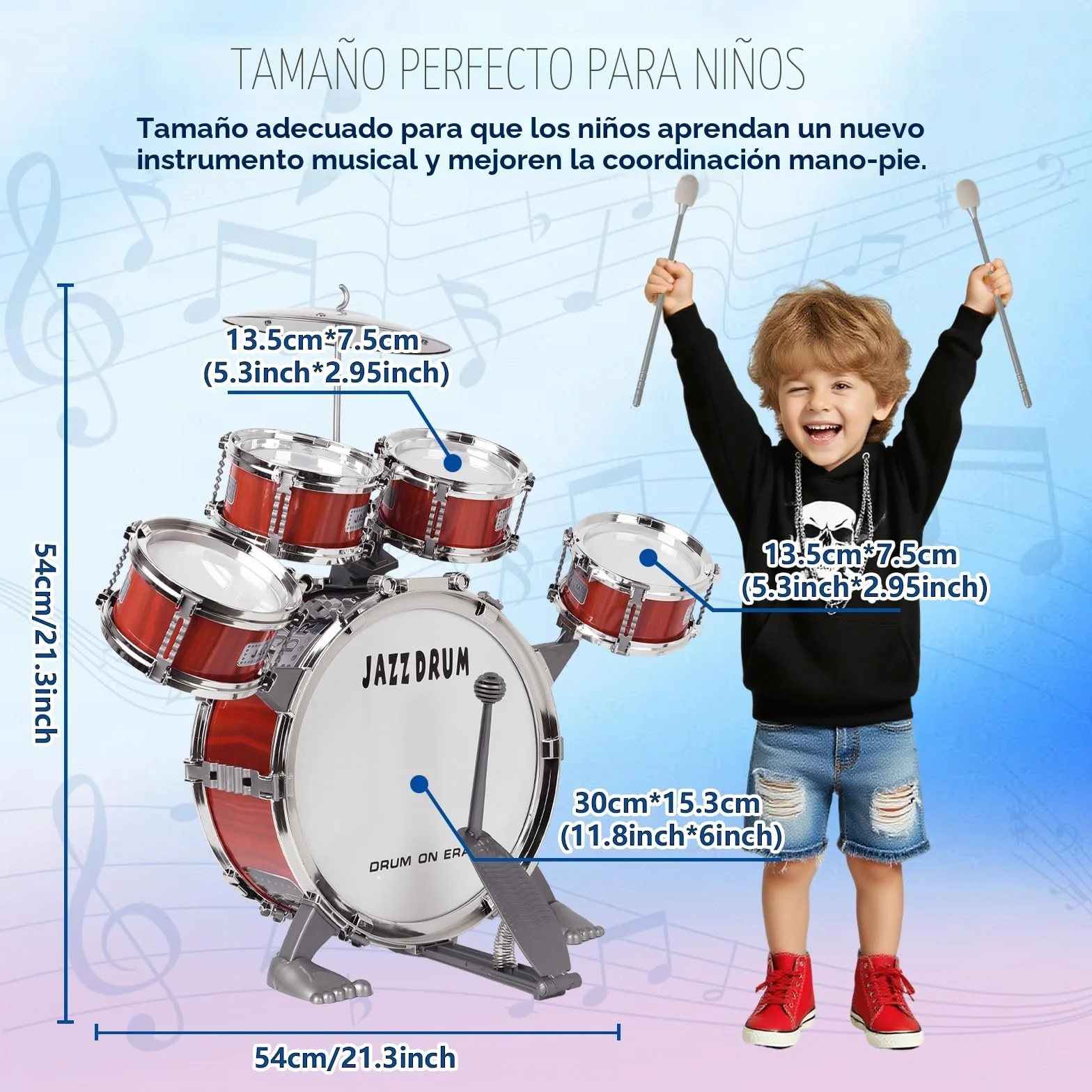 m zimoon Batería de música para niños Kit, Juego Tambor Jazz Junior 5 Tambores con Taburete para Instrumento Musical de Percusión Día ​Festivo Regalo uguete Educativo por Niños Y Niñas Principiantes