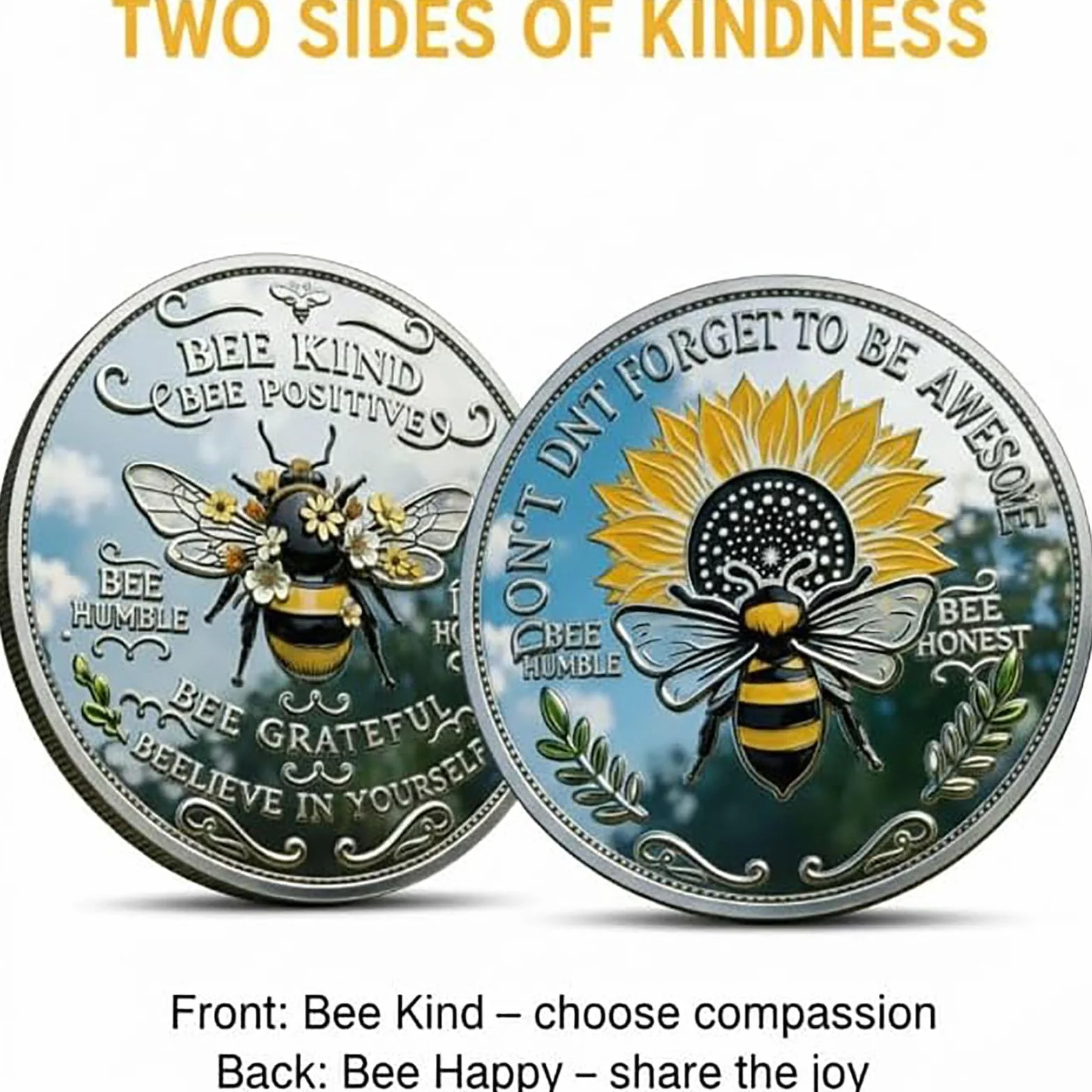 Moneda Conmemorativa de Positividad "Bee Kind" - Moneda del Desafío "Bee Kind", Ficha Motivacional de Doble Cara con Afirmaciones, Regalo Inspirador para Amigos y Familiares (#A6Pcs)
