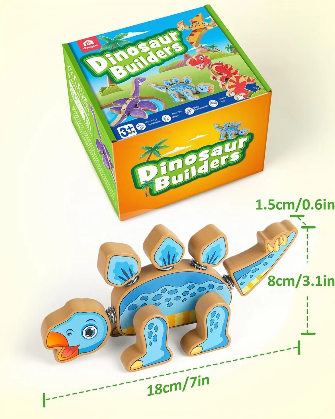 Coogam Juguetes de construcción de dinosaurio a presión, juego de dinosaurio de madera desmontable, STEM Montessori, juguete educativo de habilidades motoras finas, regalo para niños de 3, 4, 5 años