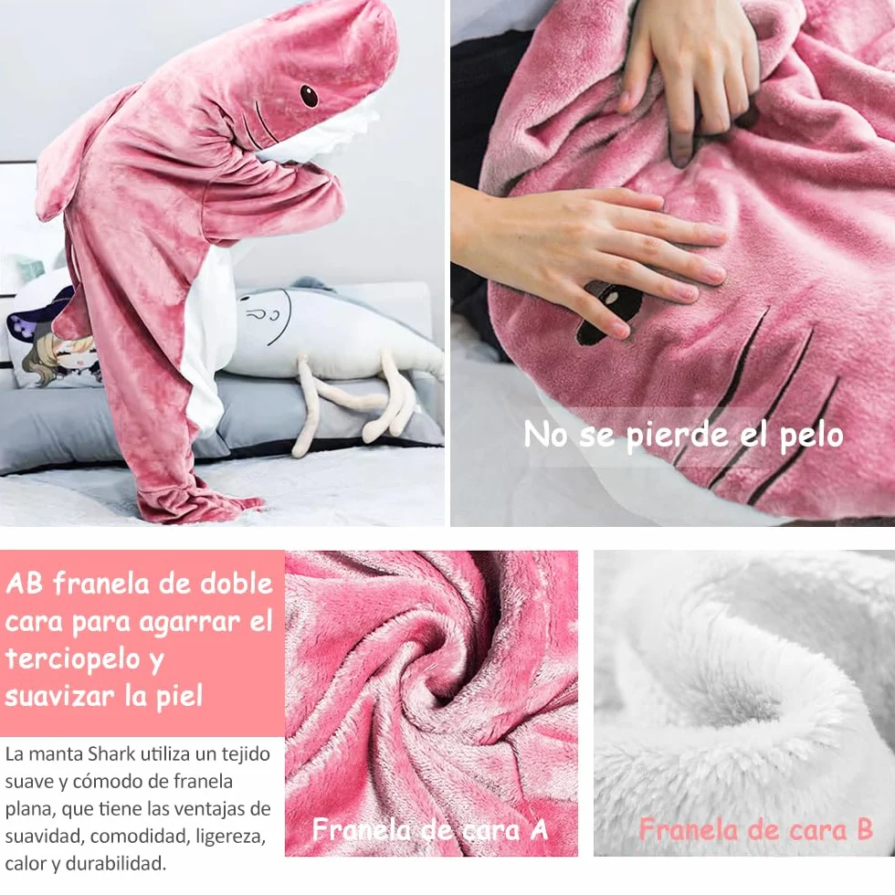 Manta de Tiburón con Capucha, Manta de Tiburón Onesie Saco de Dormir, Suave Franela Tiburón Manta con Capucha, Wearable Cola de Tiburón Onesie Manta (L(67 * 27,5in), Rosa)