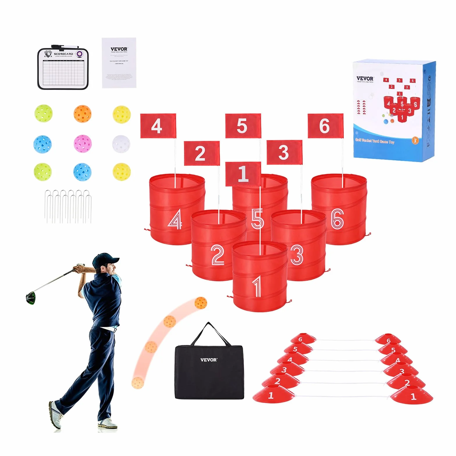 VEVOR Juego de Golf para Patio Campo de Golf de 6 Hoyos Juego de Práctica de Golf con Baldes Juego de Golf para Familias Juego de Golf Portátil para Exteriores para Césped, Patio, Campamento