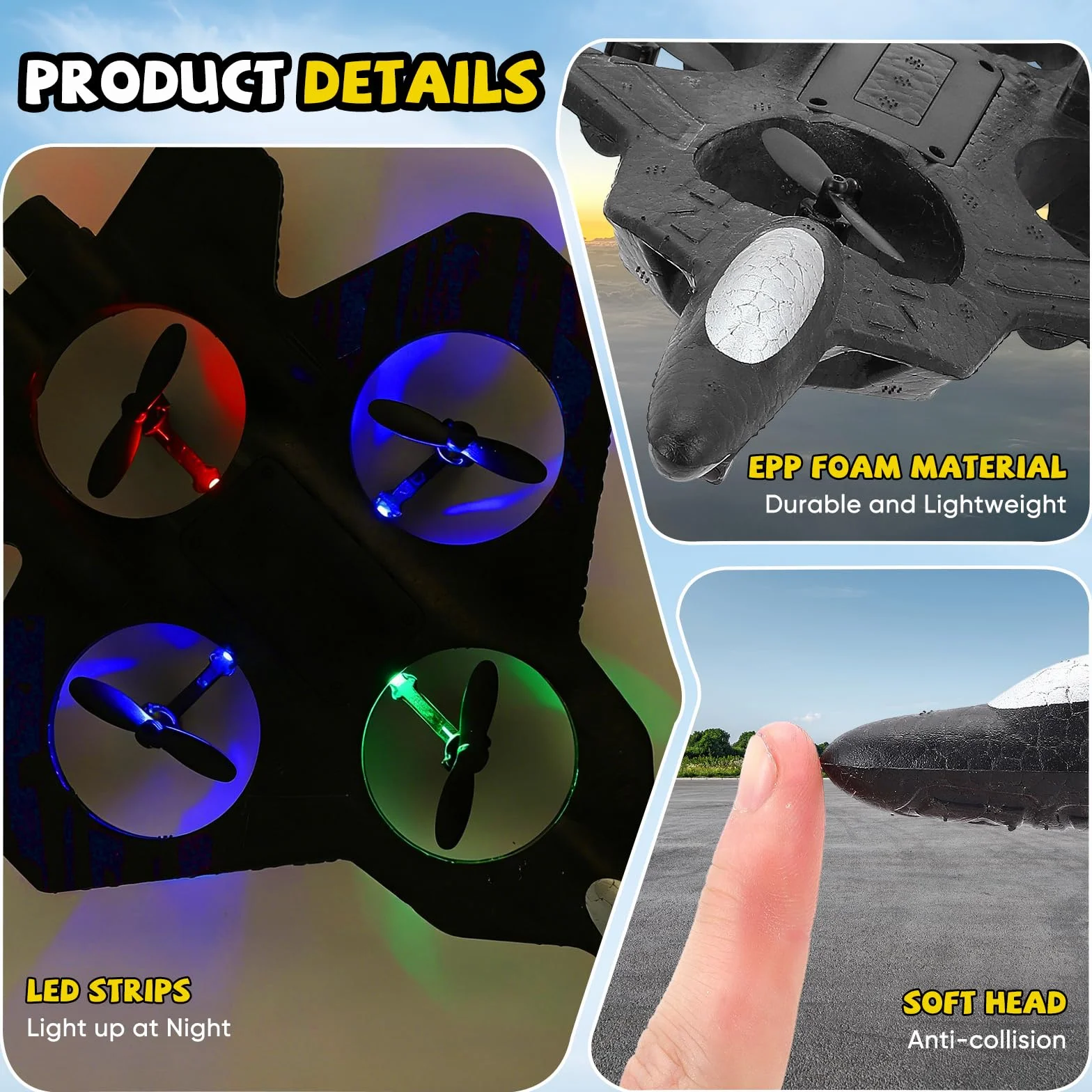 Avión de control remoto, doble control (mando a distancia y mando a mango), RC Avión 360° Rotación, 3 velocidades, con luz LED y hélice de repuesto, avión exterior para niños (azul)