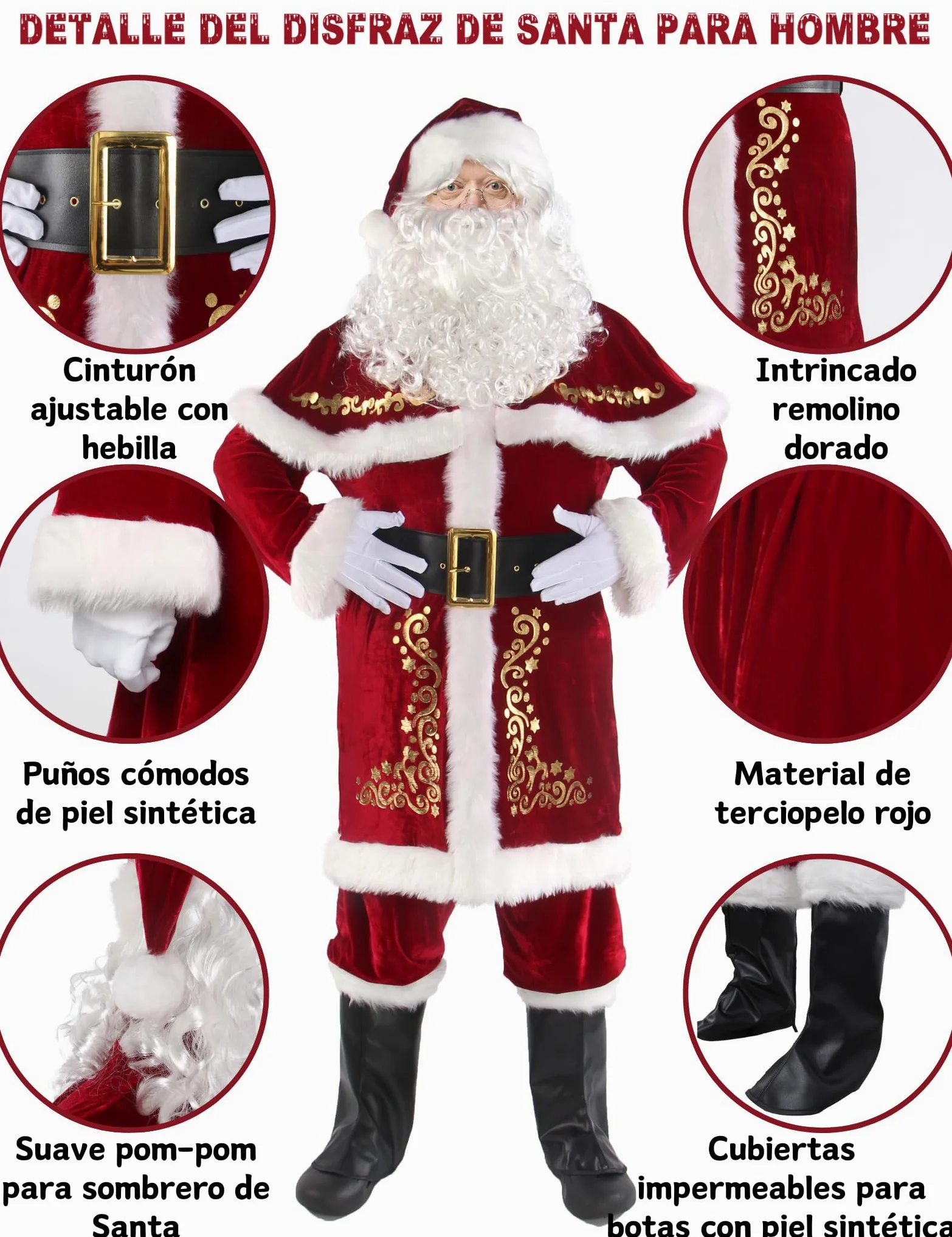 Disfraz de Papá Noel para Hombres, Conjunto de 12 PCS de Navidad para Adultos Traje de Santa Claus de Terciopelo Lujoso Rojo L