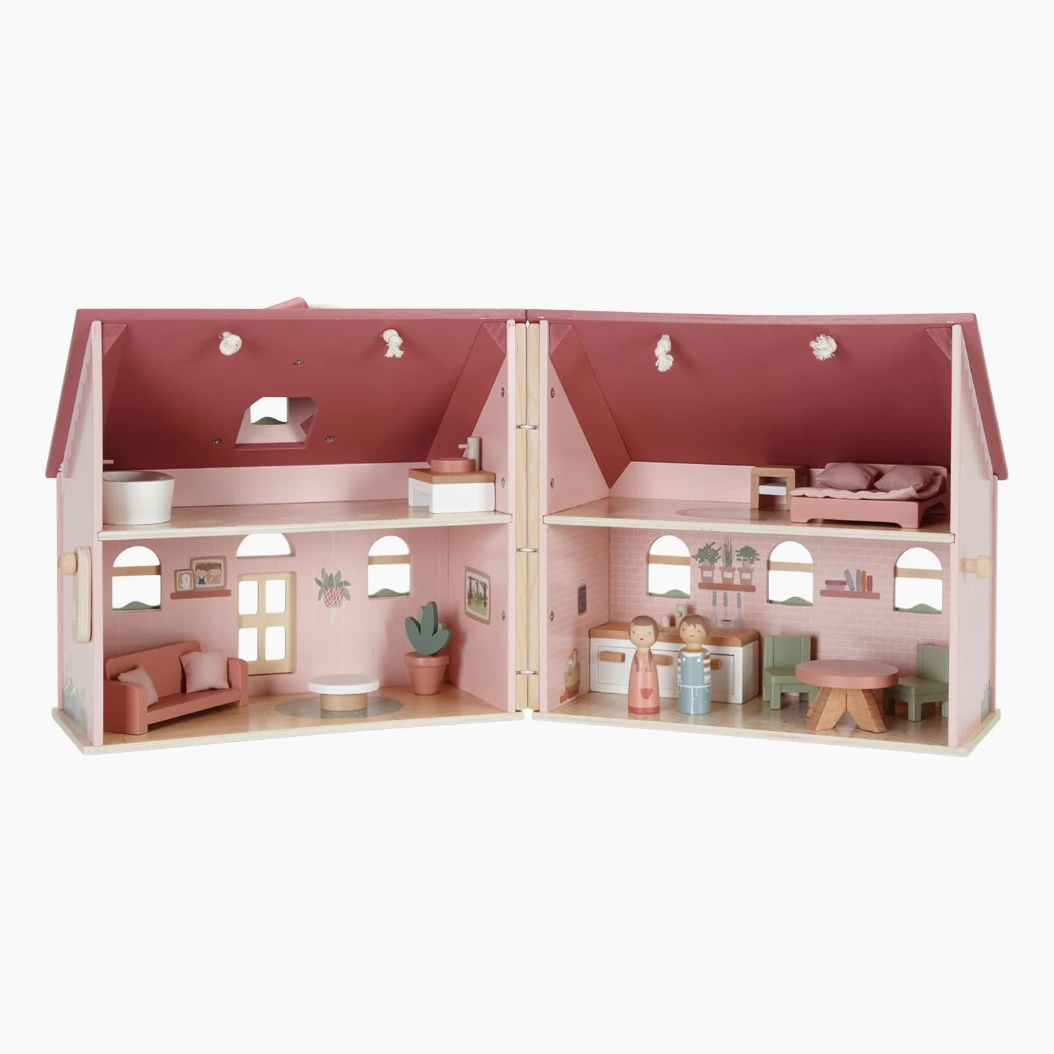 Little Dutch Casa de muñecas de madera portátil y plegable con muchos accesorios y figuras de juego, muebles rosa