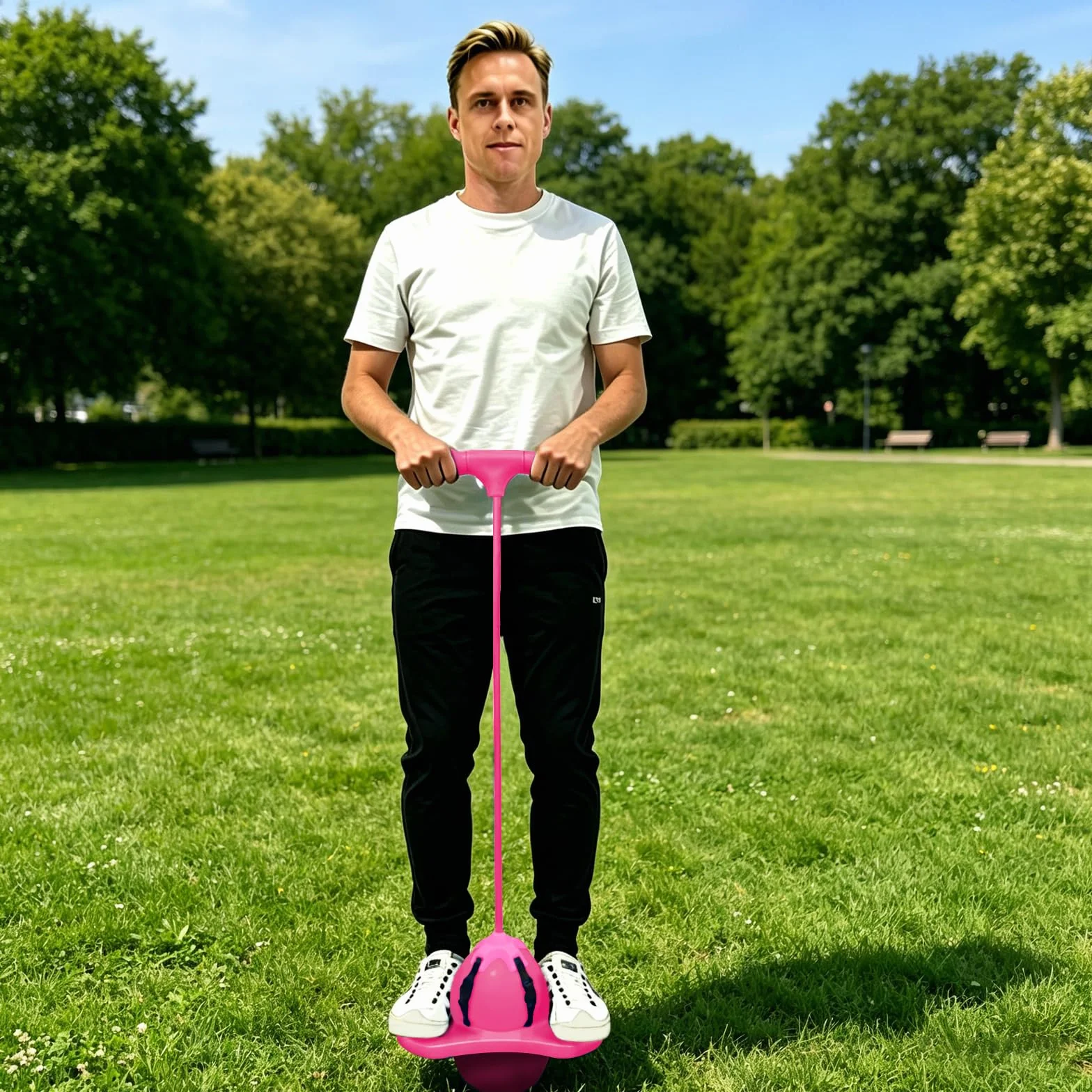 Balón para Saltar, Pelota de Salto de Pogo, Pelota de Rebote con Mango y Bomba de Aire, Parte Inferior Antideslizante, para Entrenar el Equilibrio, para Interiores y Exteriores (Rosa)