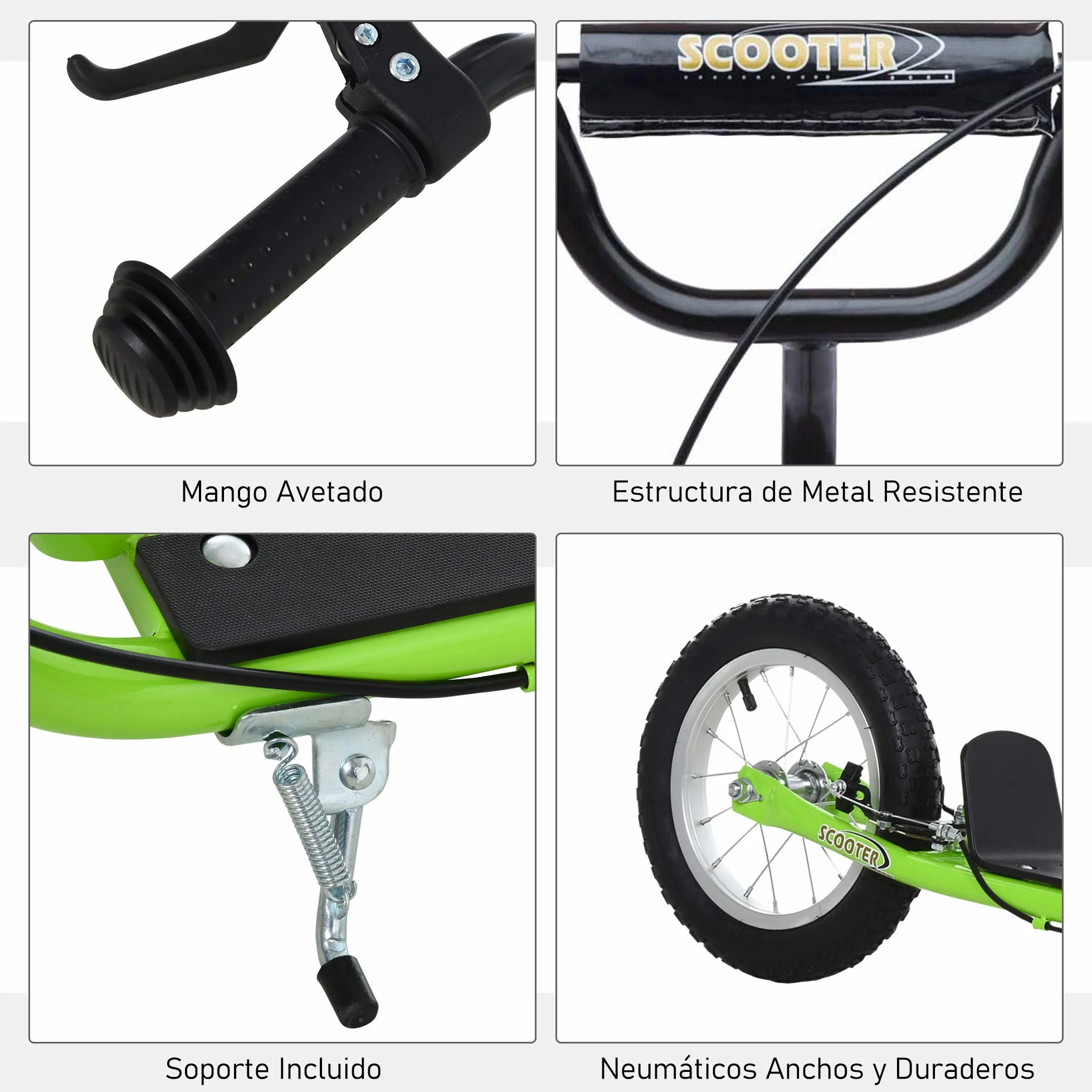 HOMCOM Patinete para Niños Mayores de 5 Años Scooter 2 Neumáticos Inflables de Caucho con Frenos Manillar Ajustable Pedal Antideslizante 117x52x80-85 cm Verde