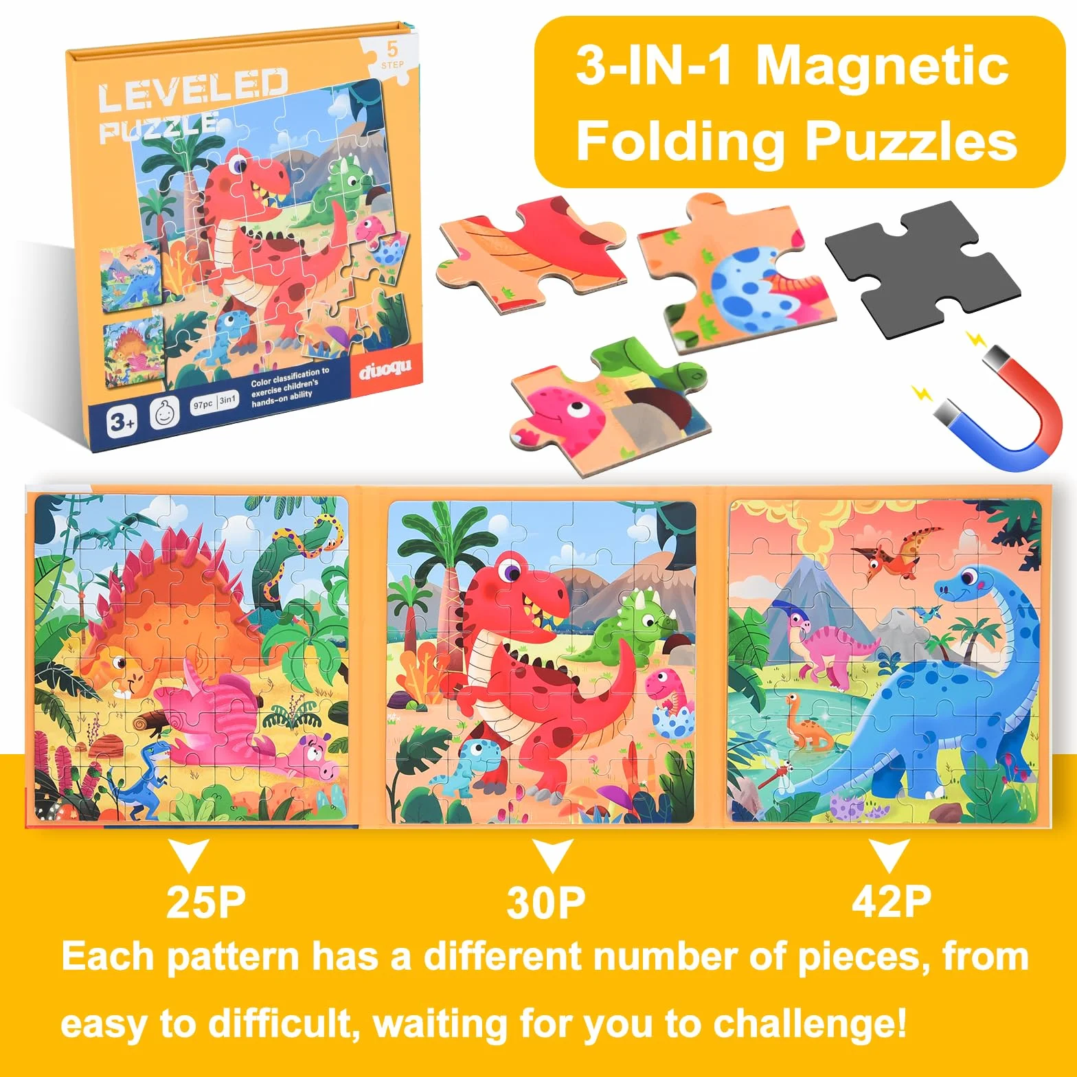 ASTARON Puzzle Magnético para Niños, Rompecabezas de Dinosaurios 25-30-42 Piezas, Juguetes de Viaje Educativos