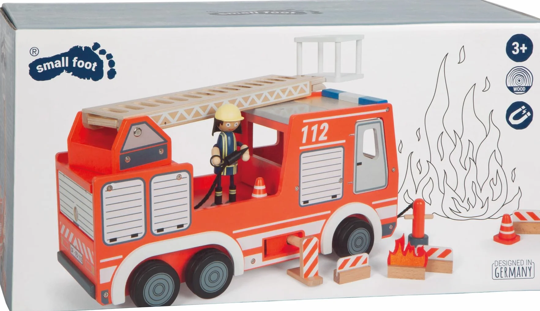 small foot Coche de Bomberos, Madera, con Escalera giratoria, Manguera, Acc. Juego Bomberos, a Partir 3 años, 12657