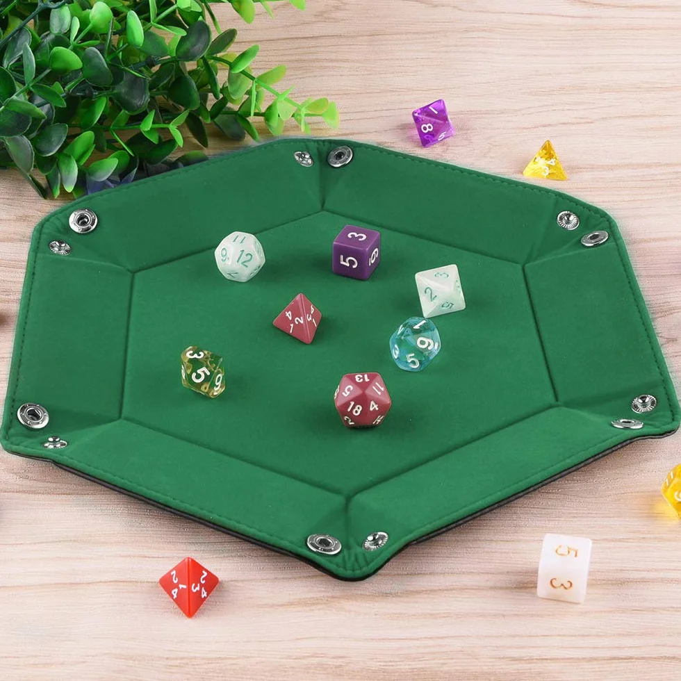 SIQUK Bandeja de Dados de Doble Tablero de Dados, Cuero Plegable de hexágono PU y Soporte de Dados de Terciopelo Verde Oscuro para Mazmorras y Dragones Juego de Dados D&D y Otros Juegos de Mesa