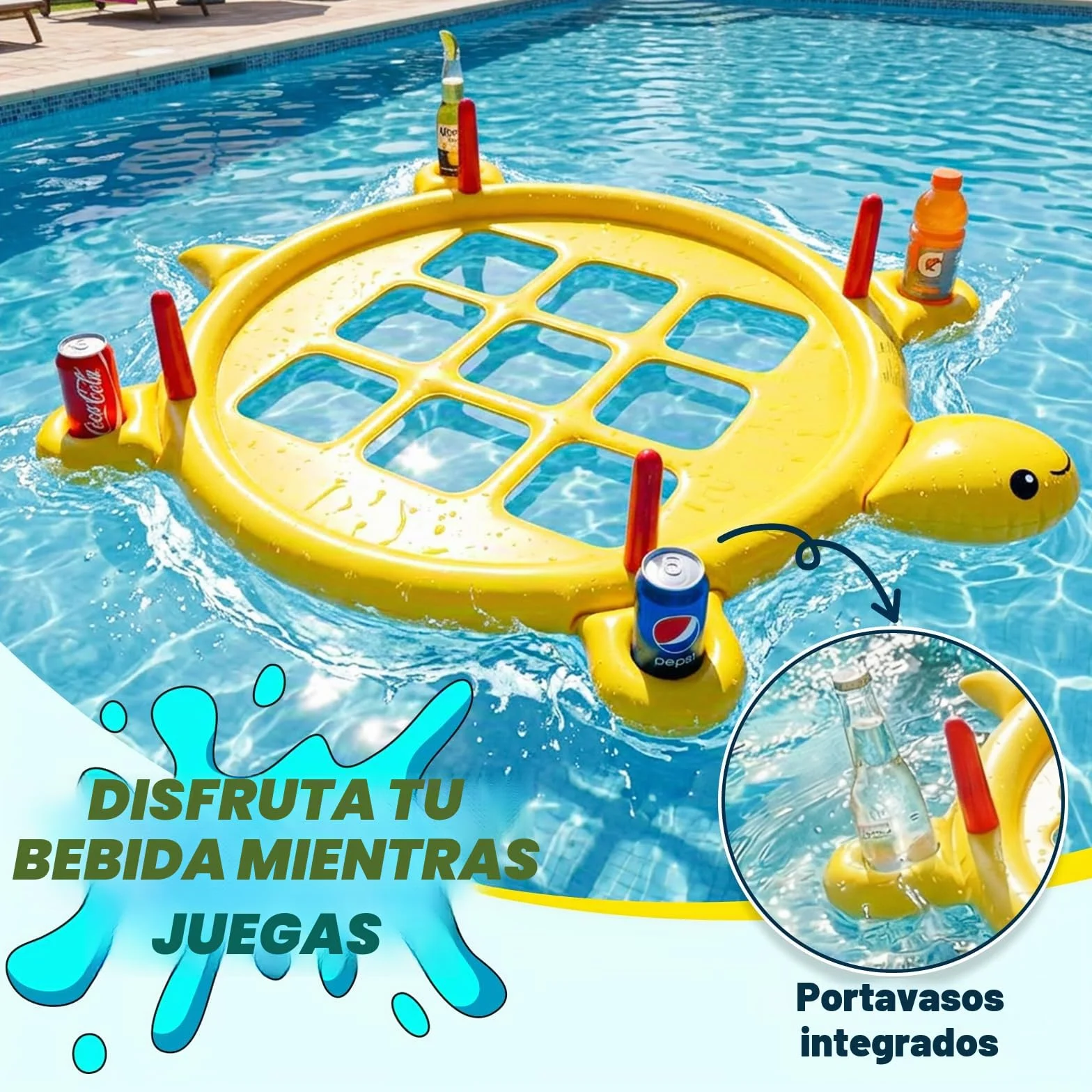 Juego 2 en 1 de Tres en Raya Hinchable con Lanzamiento de Anillas, 10 Pelotas y 10 Anillas, Flotante Gigante con Portavasos
