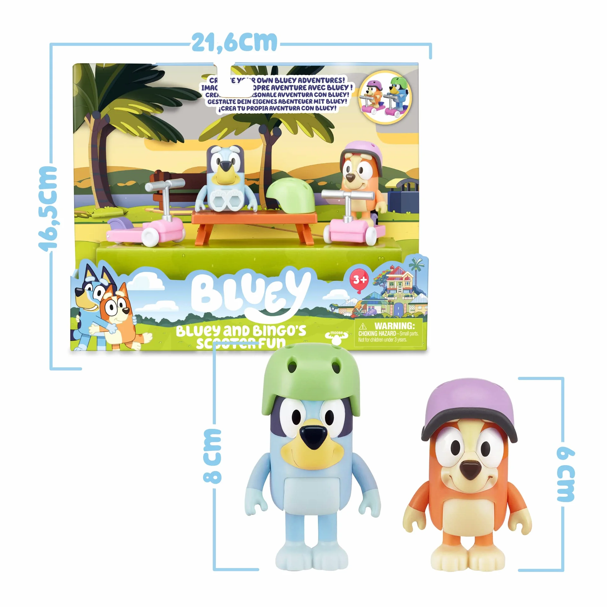 Bluey - Vehículos Scooters, con 2 Figuras de los protagonistas de la Serie, Bingo la Hermana de Blue, y de Accesorios 2 patinetes Scooter con Ruedas y 2 Cascos, +3 años de Edad, Famosa (BLY12100)