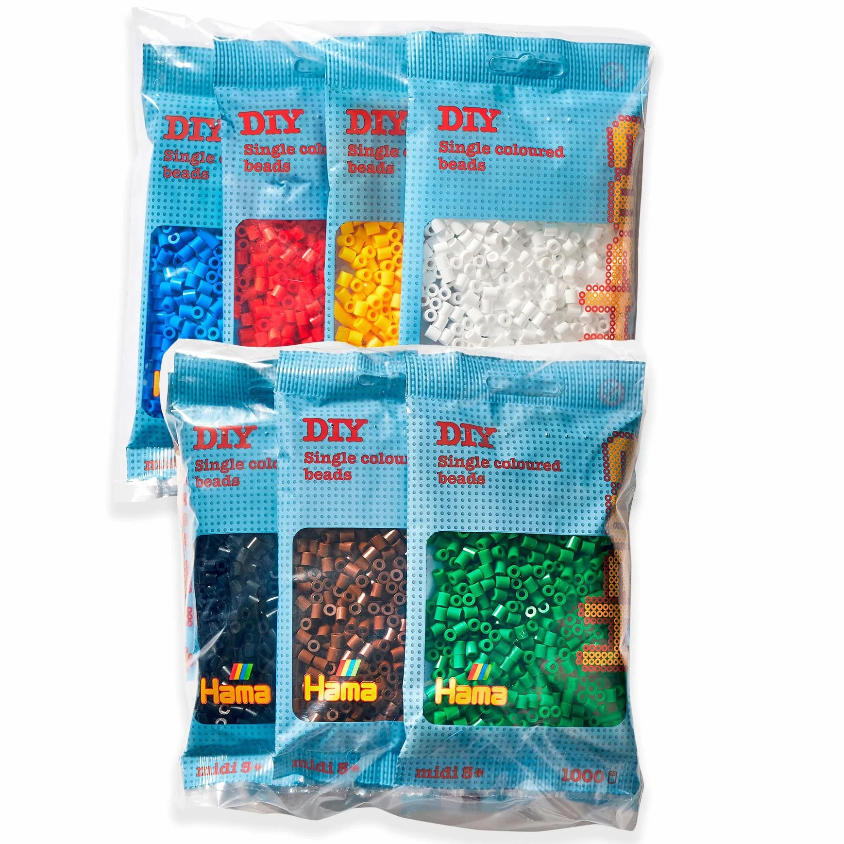 Hama Cuentas para planchar | 7 bolsas de 1000 cuentas: colores n.º 207-01, 03, 05, 09, 10, 12, 18 | Mosaik-Deko Art & Manualidades para niños creativos a partir de 5 años