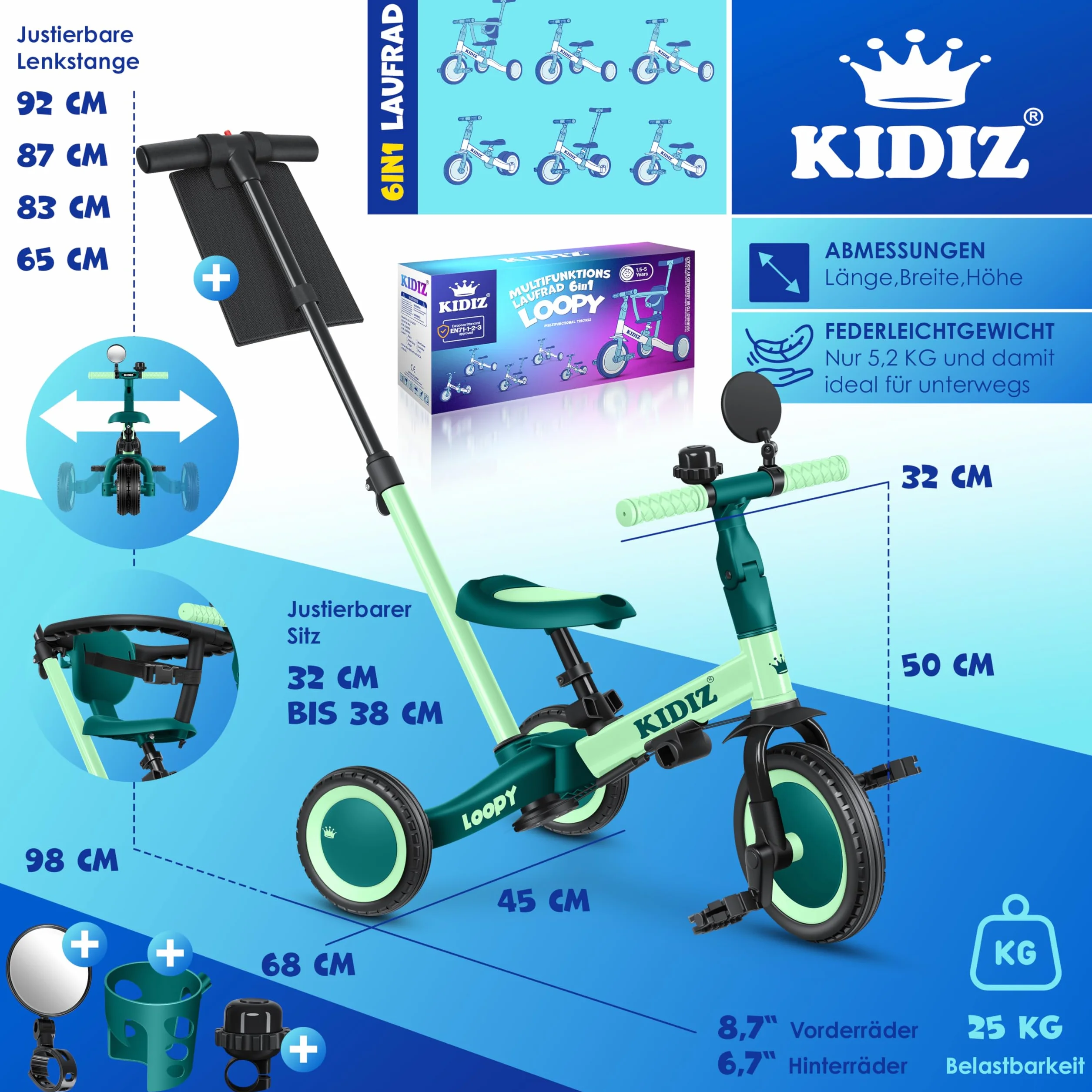KIDIZ® 6en1 Bicicleta de Balance, Triciclo para niños de 1 año a 5 Años, Capacidad de Carga hasta 25kg, Incl. Manillar/Barra de Seguridad/Cinturón de Seguridad/Timbre/Espejo