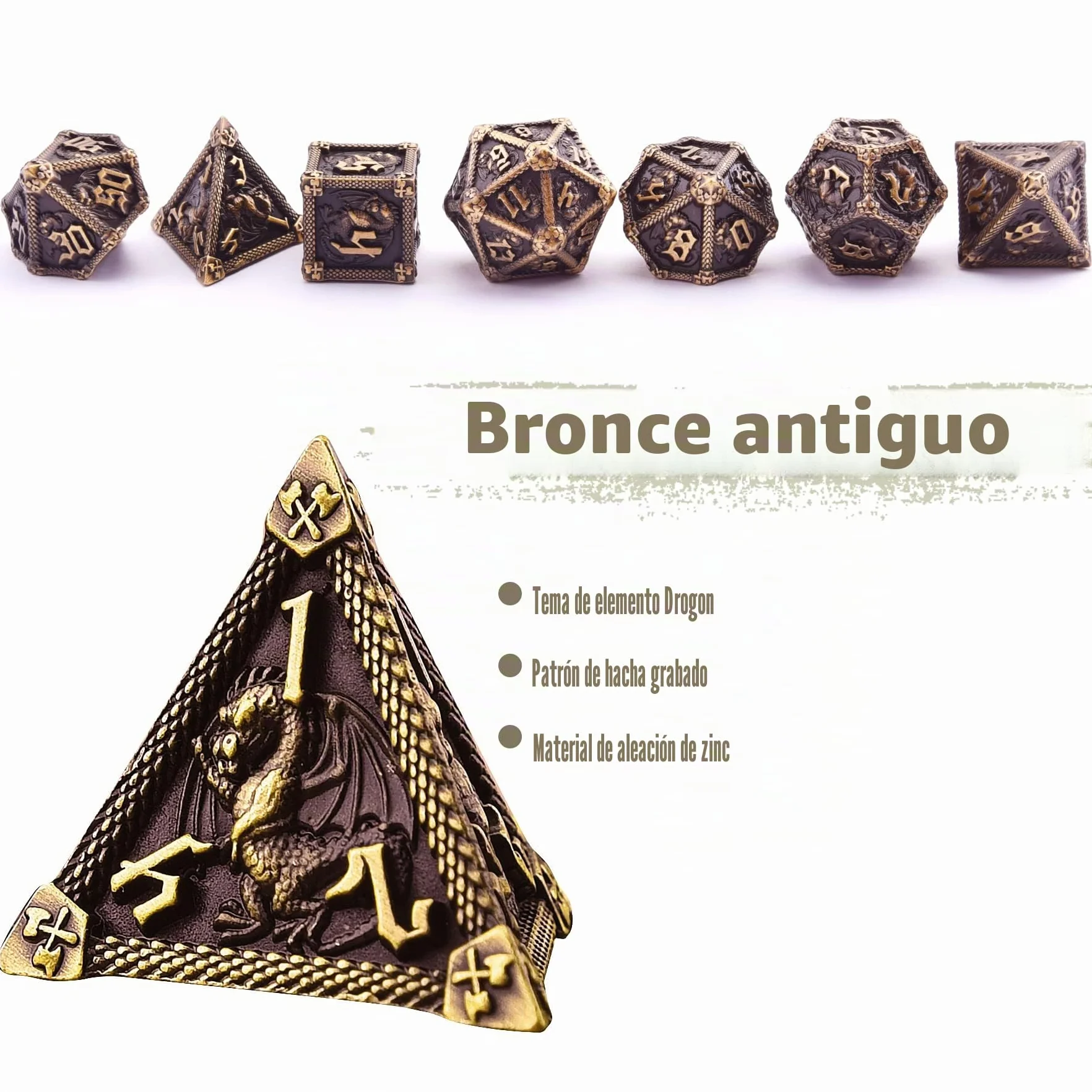 SIQUK 7 Piezas Juego de Dados Metálicos Poliédricos D20 D12 D10 D% D8 D6 D4 para Dungeons and Dragons MTG RPG, Bronce