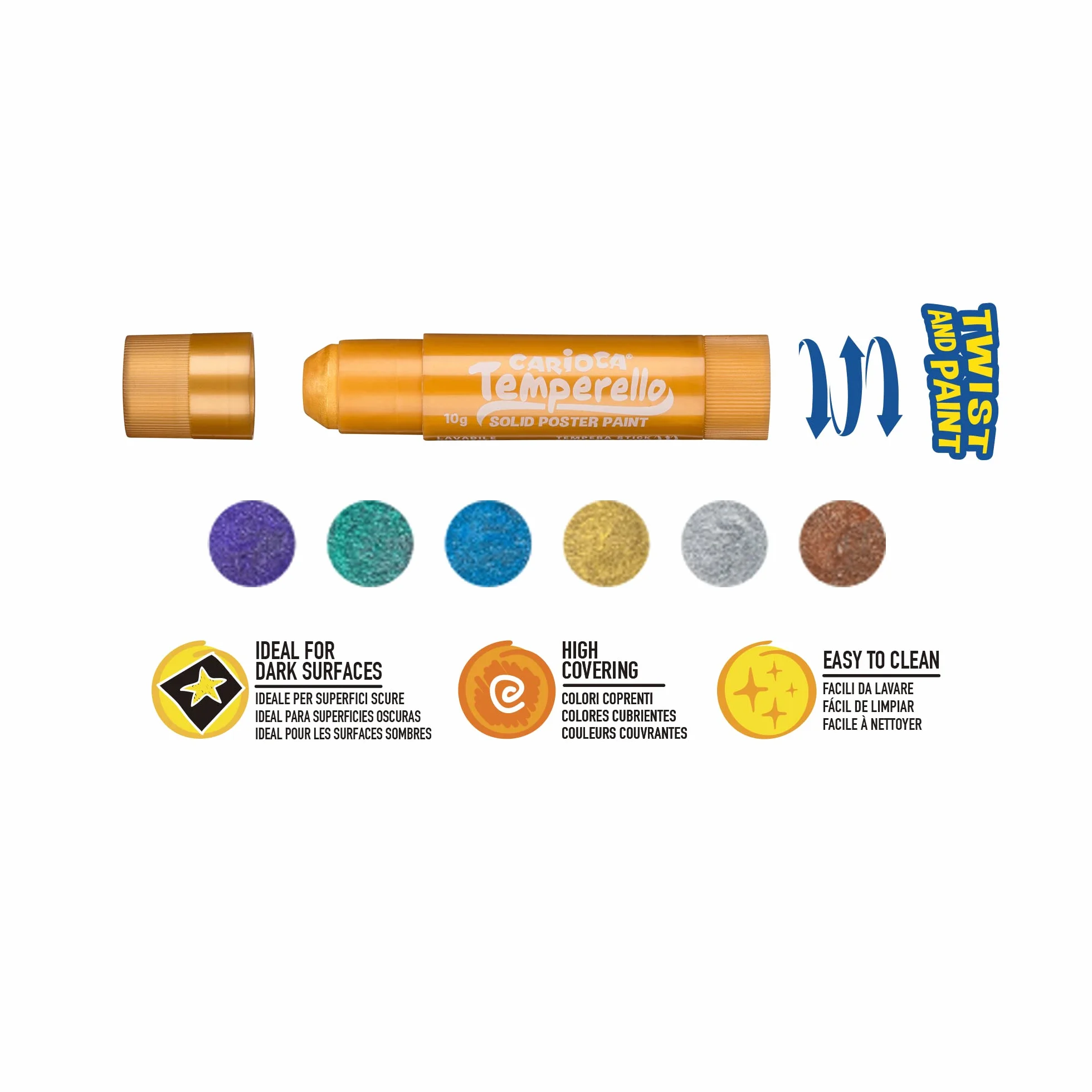 Carioca Temperello | Caja de 24 Témperas Sólidas en Barra | 24 Colores Brillantes y Mezclables | Secado Rápido sin Arrugar el Papel | Pintura Multisuperficie para Madera, Cartón y Cartulina
