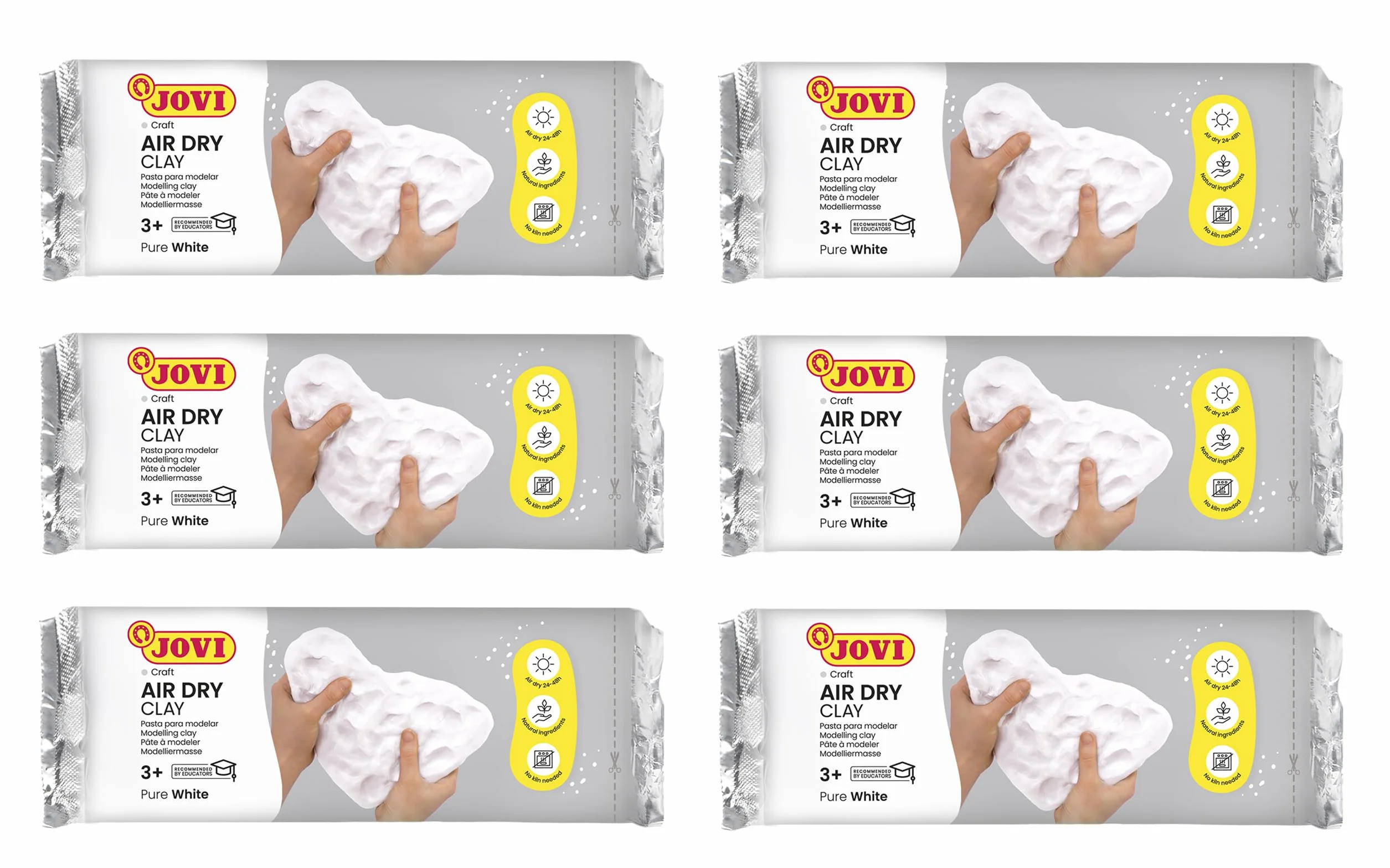 Jovi Air Dry - Arcilla de secado al aire, blanca, 6 x 500g, total 3 kg | Pasta para modelar endurecible sin horno, Manualidades para niños y adultos, sin gluten, no tóxico