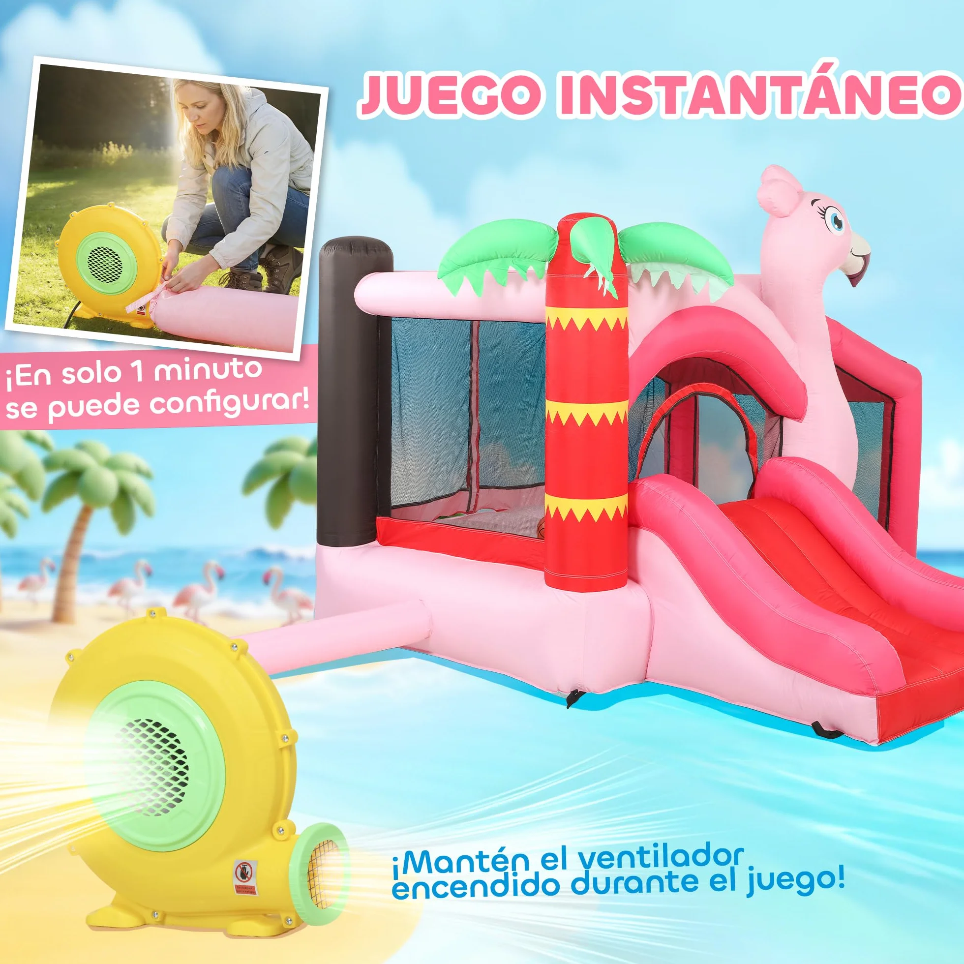 AIYAPLAY Castillo Hinchable para Niños con Soplador, Castillo Hinchable con Tobogán, Cama Elástica, Piscina de Pelotas, Canasta de Baloncesto, Diseño de Flamenco, Interior y Exterior, 255x230x196 cm