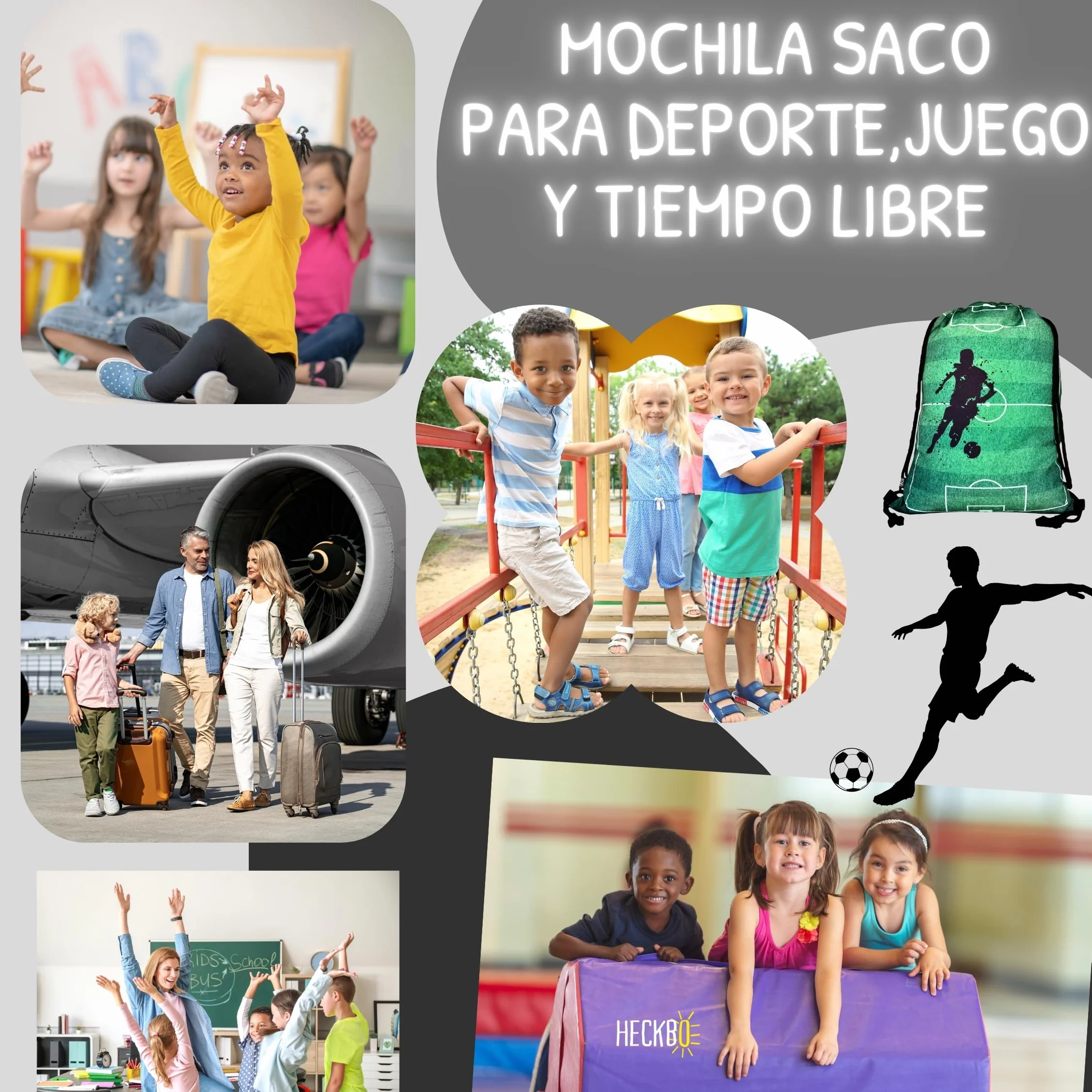 HECKBO bolsa de gimnasia infantil con cordón ropa deportiva botella para beber