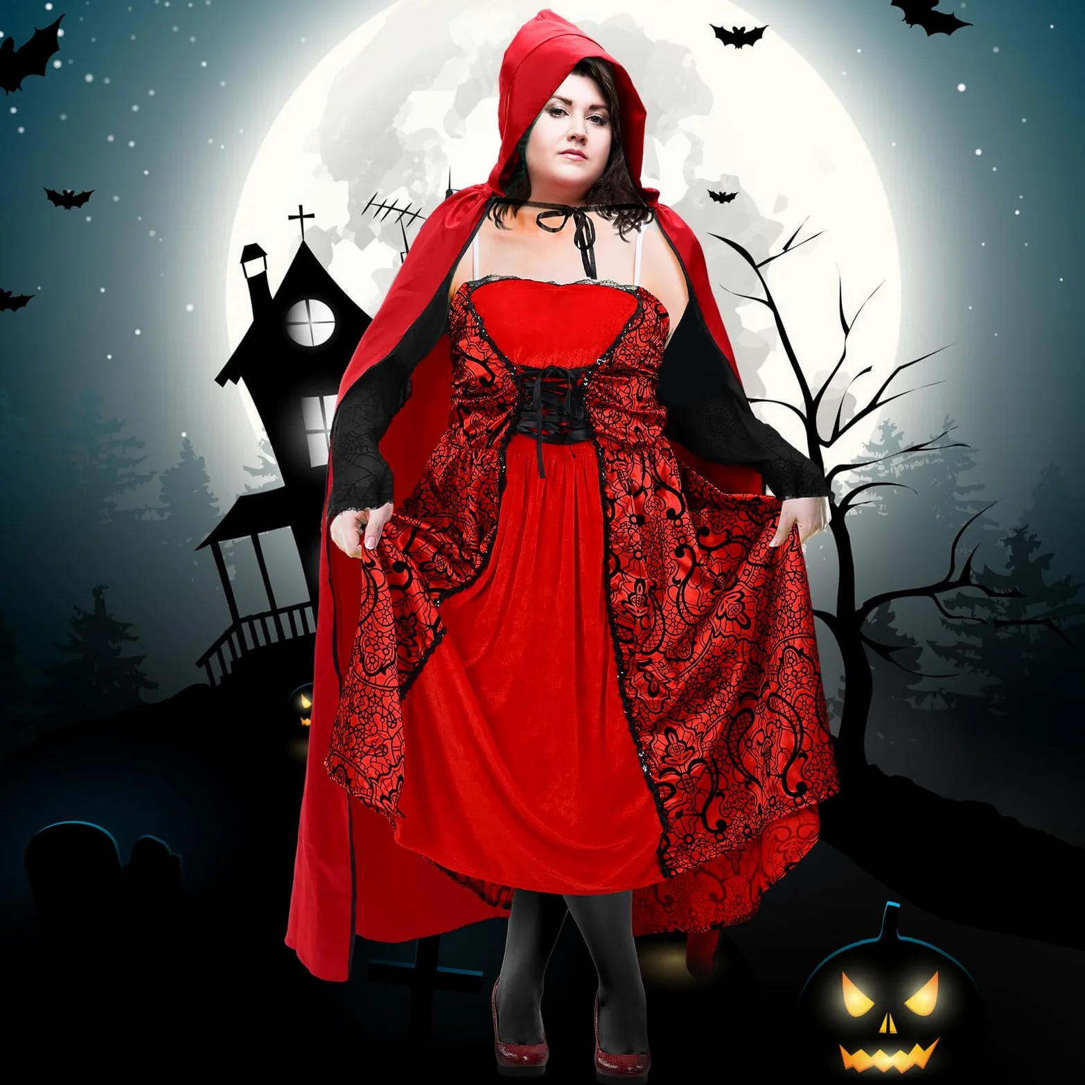 Mepase Disfraz de Caperucita Roja de talla grande para mujer adulta, capa con capucha de Halloween, capa roja, vestido, medias, guantes para cosplay, accesorios de fiesta