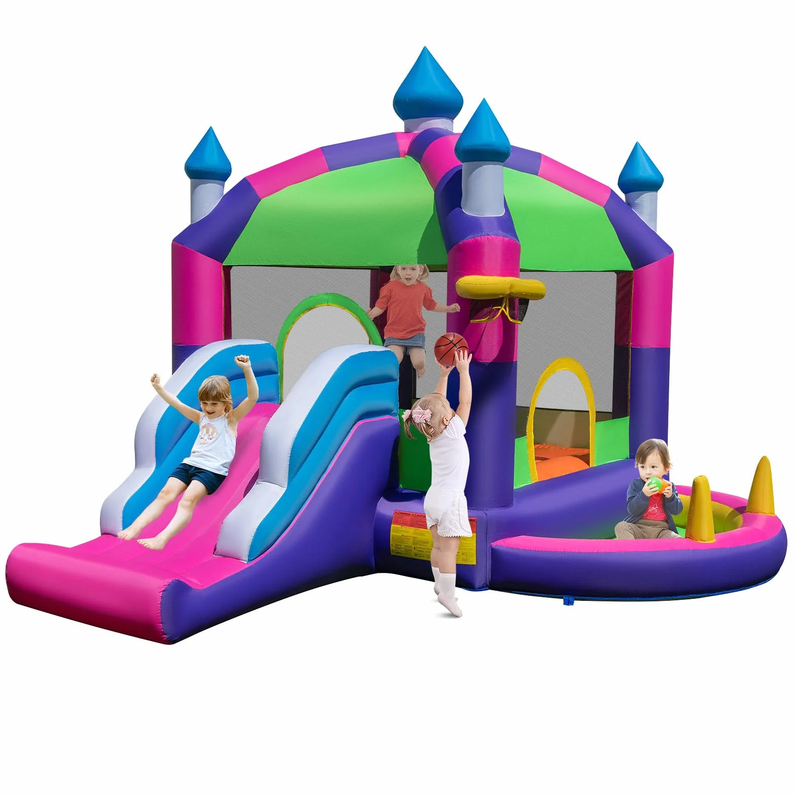 COSTWAY 5 en 1 Castillo Hinchable para Niños, Castillo Hinchable Grande con Tobogán, Piscina de Bolas, Techo Sombreado, para Niños 3-10 Años, Insuflavel Criança Interior Exterior, 385 x 332,5 x 300 cm