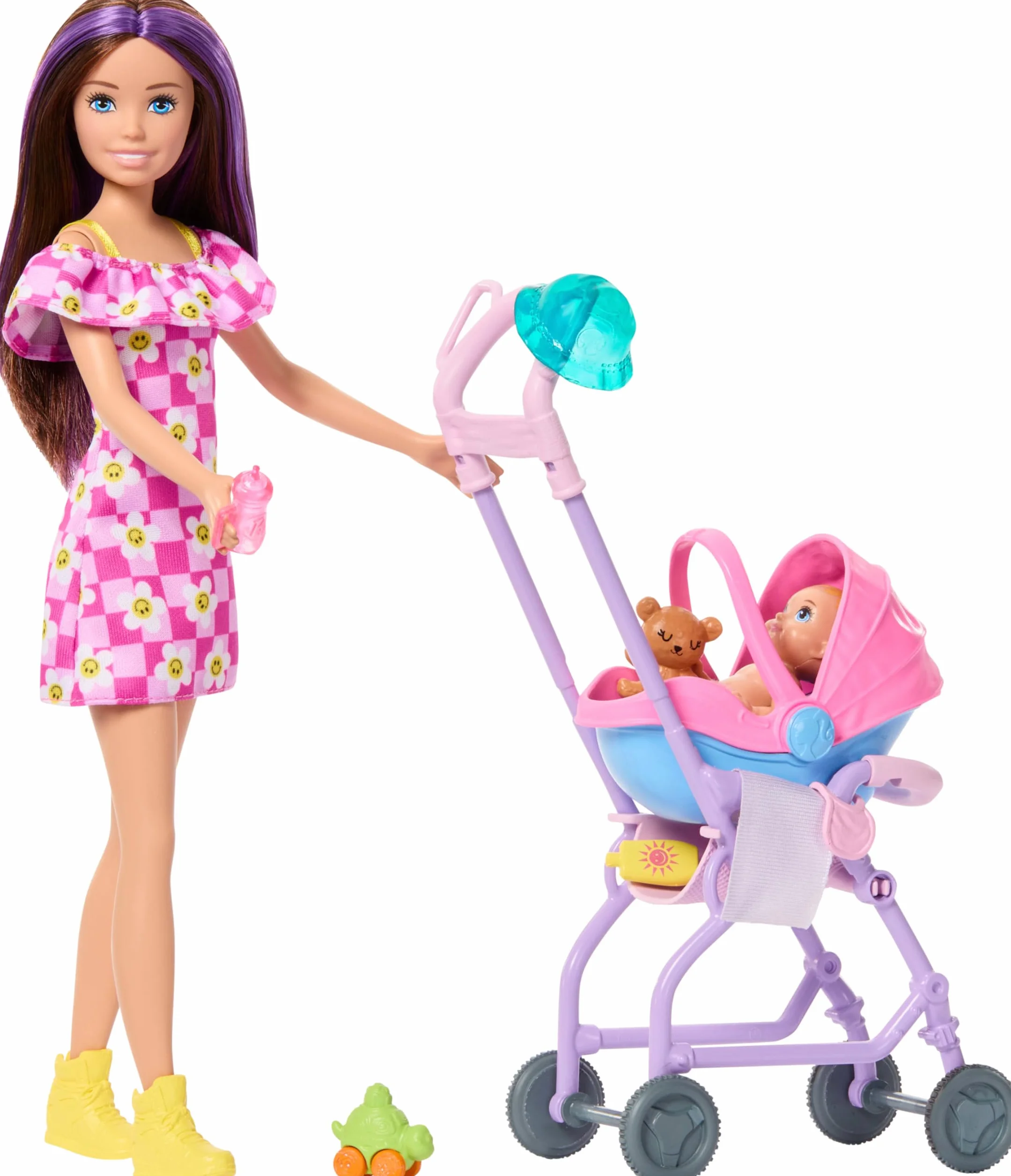 Barbie Skipper Babysitters Inc. Conjunto con muñeca Morena, muñeca Rubia, Cochecito con Sillita de Coche Desmontable y 7 Accesorios, JJB42