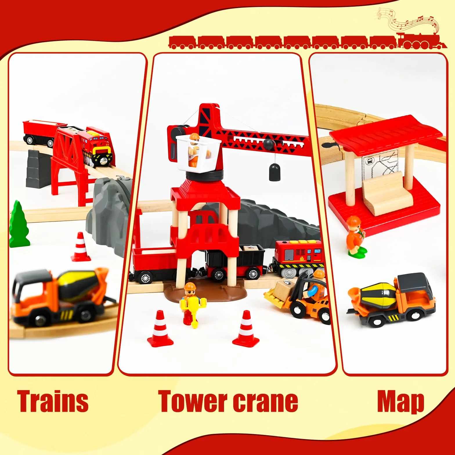 FORMIZON 87 Piezas Pistas de Tren Madera, Ferrocarril Madera con Tren Eléctrico y Coche de Bomberos, Tren Juguetes Regalos de Cumpleaños y Navidad para Niños, Compatible con Las Principales Marcas