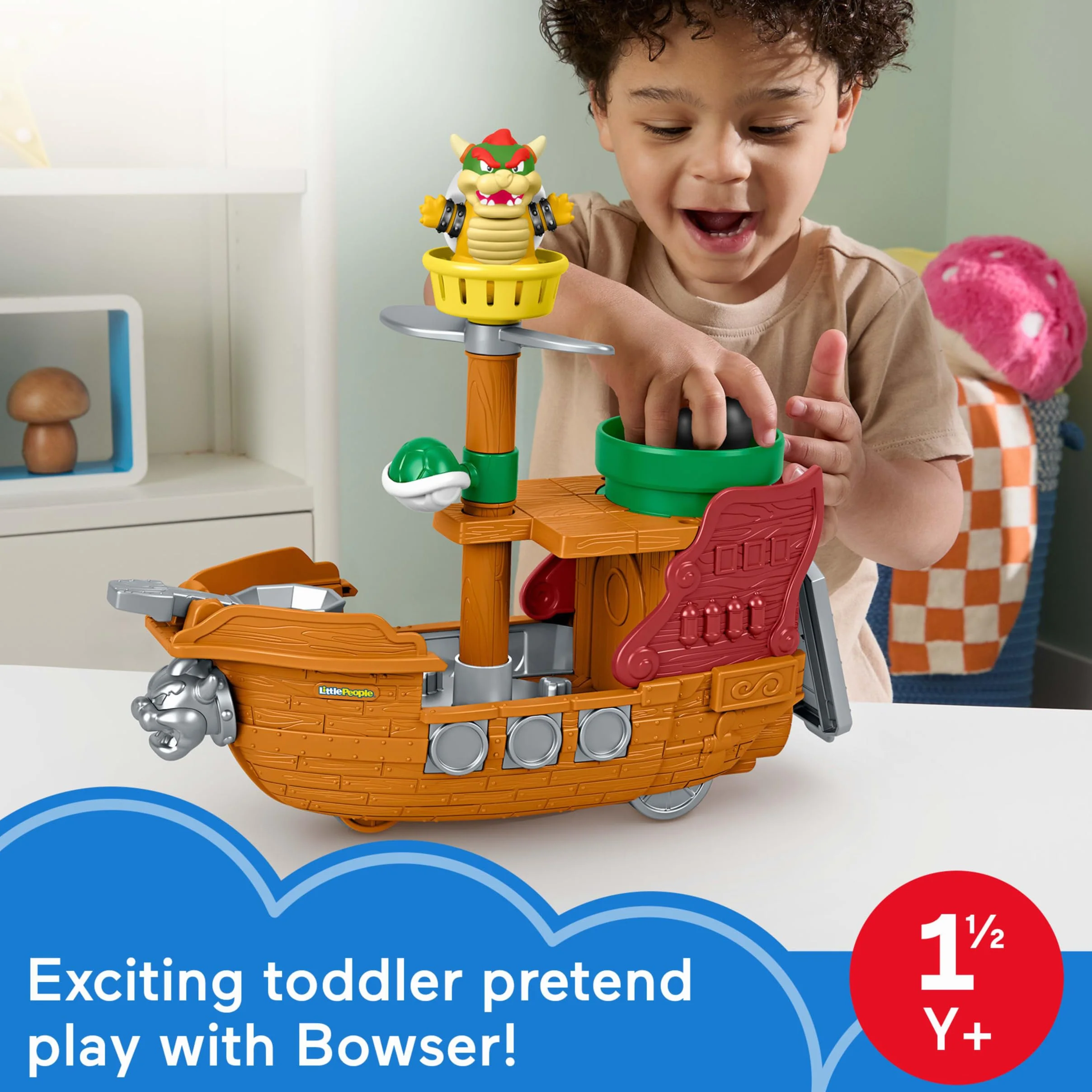 Fisher-Price Little People My Mario Juguete para niños pequeños, Conjunto de Juego de Barco de Bowser con Figura para niños y niñas en Edad Preescolar, a Partir de 18 Meses, JHG62