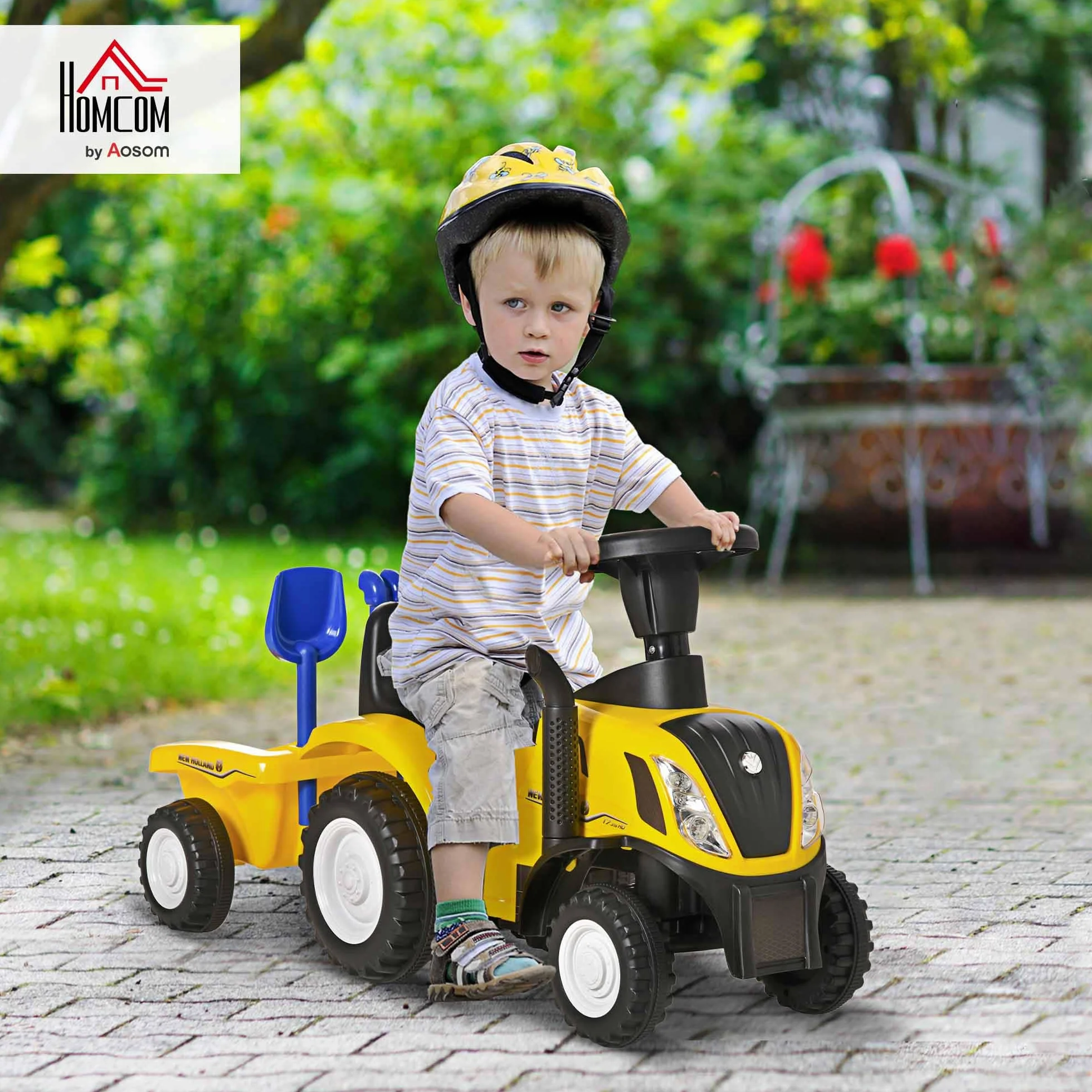 HOMCOM Tractor sin Pedales para Niños de 12-36 Meses con Remolque Extraíble Coche Correpasillos con Bocina Faros Pala Asiento de Suelo 25 cm y Rastrillo Carga 25 kg 91x29x44 cm Amarillo
