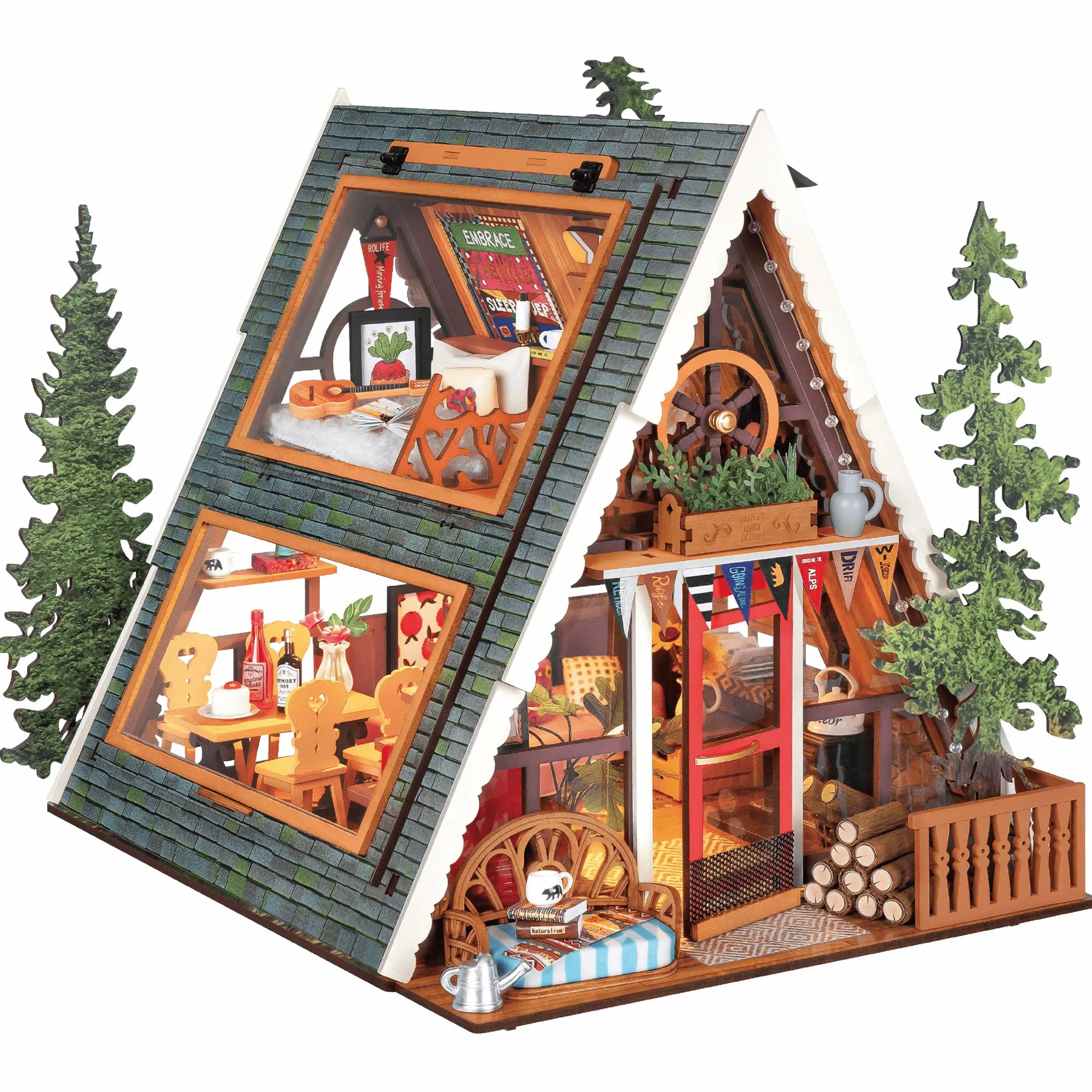 Rolife Casa de Muñecas Cabaña A-Frame Modelo de Madera Casa en Miniatura Sanación Natural Cabaña del Bosque de Cuento de Hadas Decoración del Hogar Regalo Creativo para Adultos