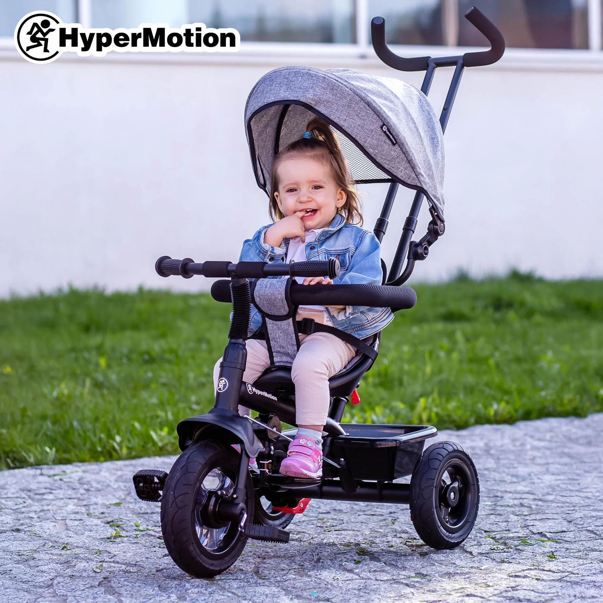 HyperMotion Triciclo Infantil con Manillar para Padres - Bici Bebé 1 Año Evolutiva hasta 20kg - Modelo Similar Kinderkraft con Barra de Empuje - Saltador Bebe Gris