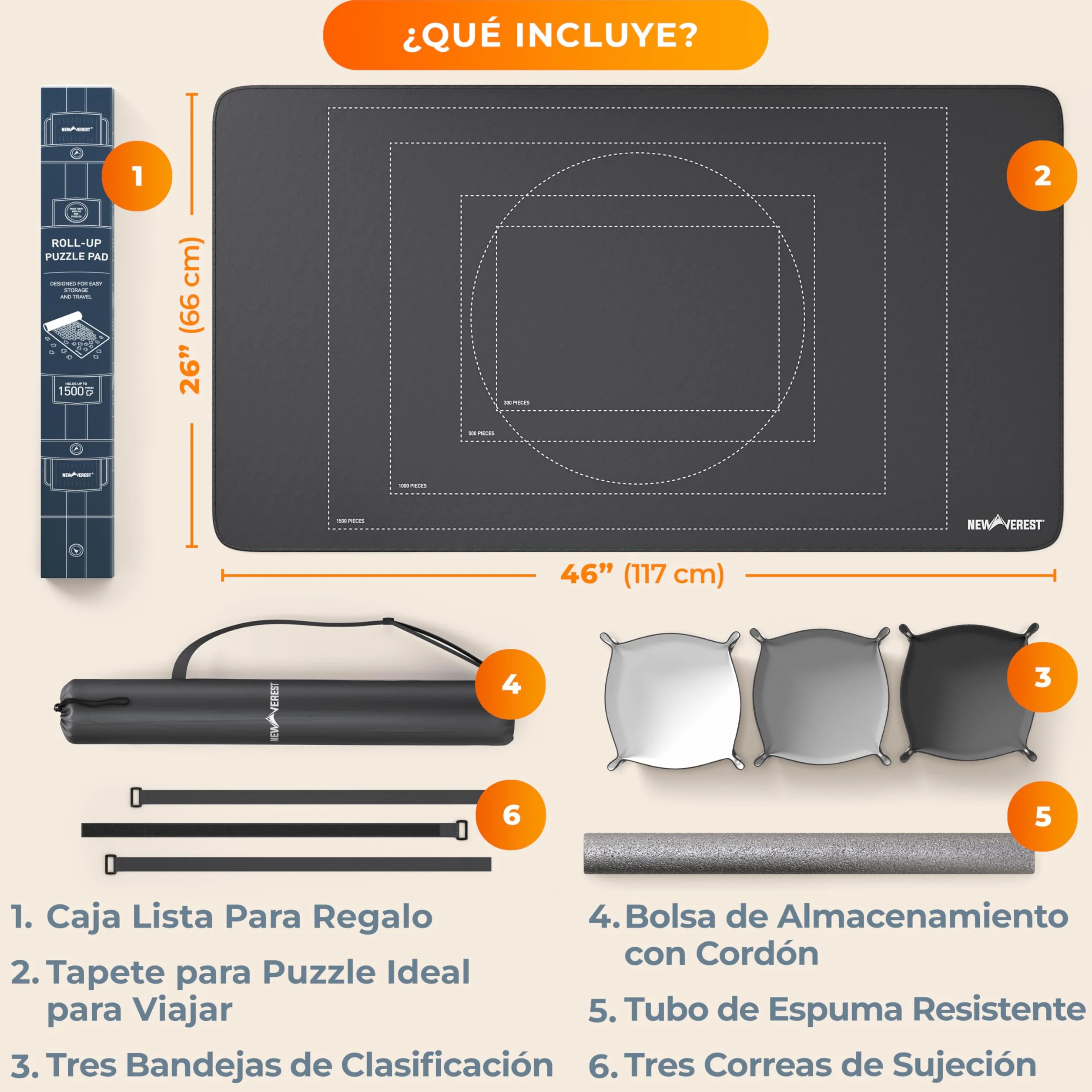 Newverest Tapete para Puzzles Enrollable Original 117 x 66 cm, Guardapuzzles Portátil hasta 1500 Piezas con Base De Goma Antideslizante, Superficie Suave, 3 Bandejas para Puzzles Y Bolsa De Viaje