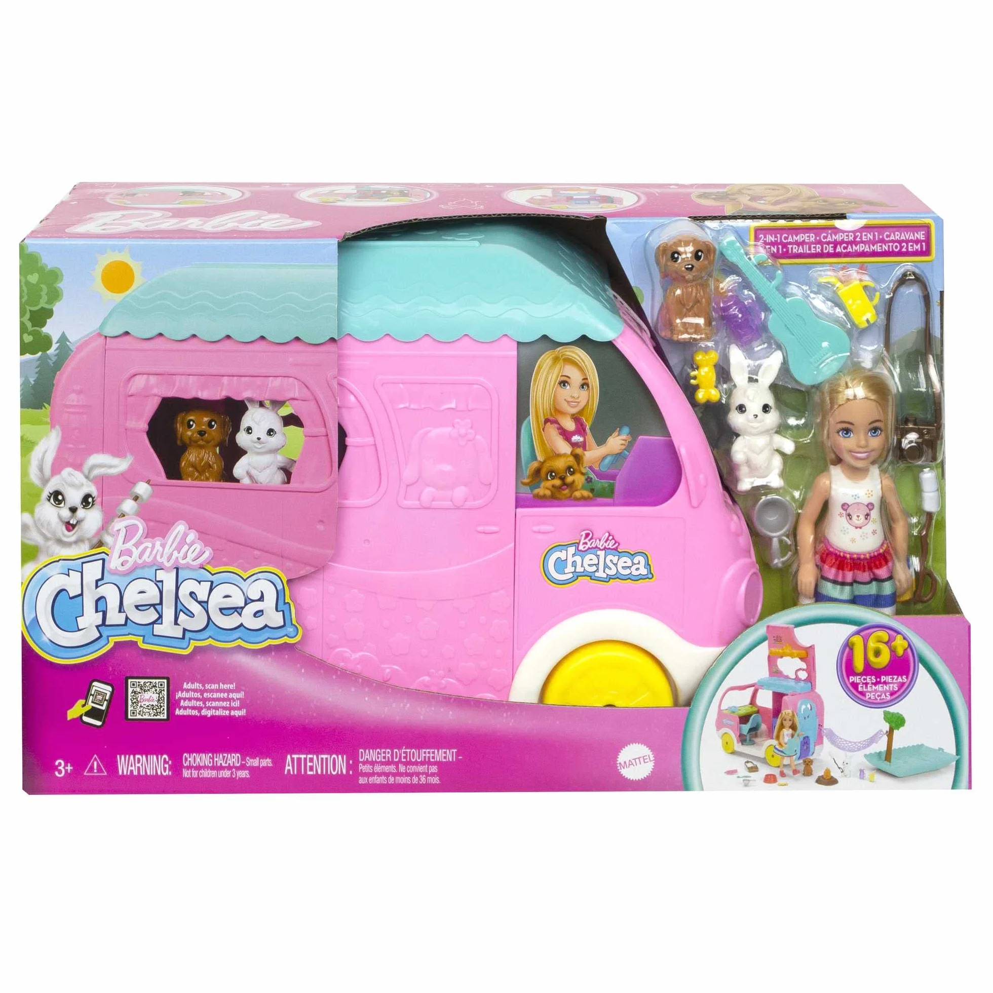 Barbie Chelsea con Furgoneta Camper Muñeca con Coche de Juguete Autocaravana y Accesorios, +3 años (Mattel HNH90)